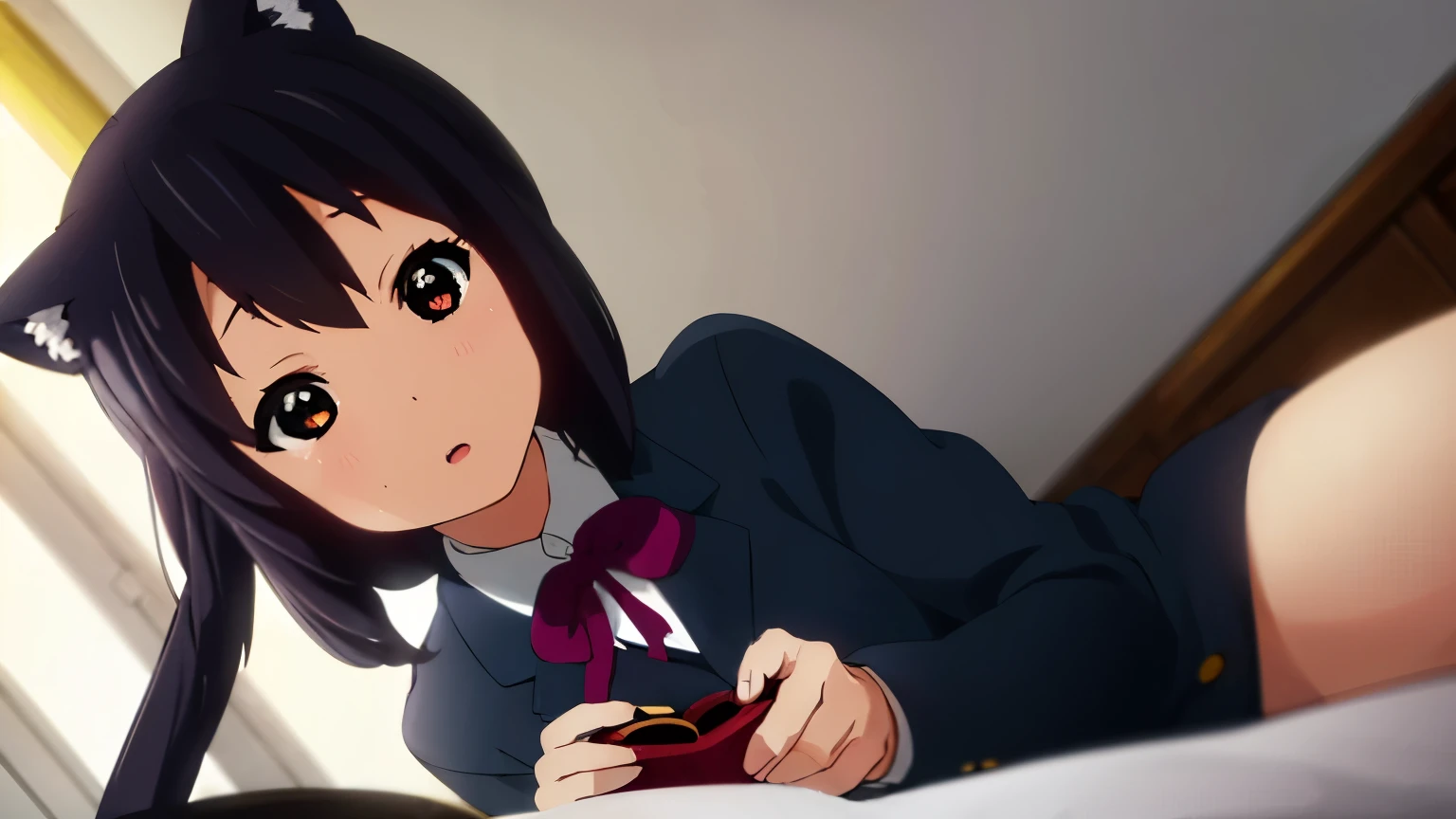 1girl, (((masterpiece))), (((full body))), wallpaper HD, top-quality, top-quality, High Details, nakano azusa, 1girl, Sakuragaoka High School Uniform, student clothes, black cat ear, (((black cat ear))), Twin-tailed, length hair, A dark-haired, brown-eyed, solo, reddish, Dark blue blazer with thin red ribbon, Solid white buttoned shirt under blazer, illustratio, comic strip, soothing tones, Subdued Color, Soft cinematic light, adobe lightroom, photolab, HDR, intricately and hyper-detailed、(((depth of fields))))。(((masterpiece)))。(((top-quality))).)((ultra-detailliert)))。(((illustratio)))。(((takeout))).dynamic focus.big breasts.(((home))).(((A bedroom))).(((Face of happiness))). Open mouth.(((hand holding a chocolate valentine gift))).(((up chest))).((morning glow)).((the setting sun)).