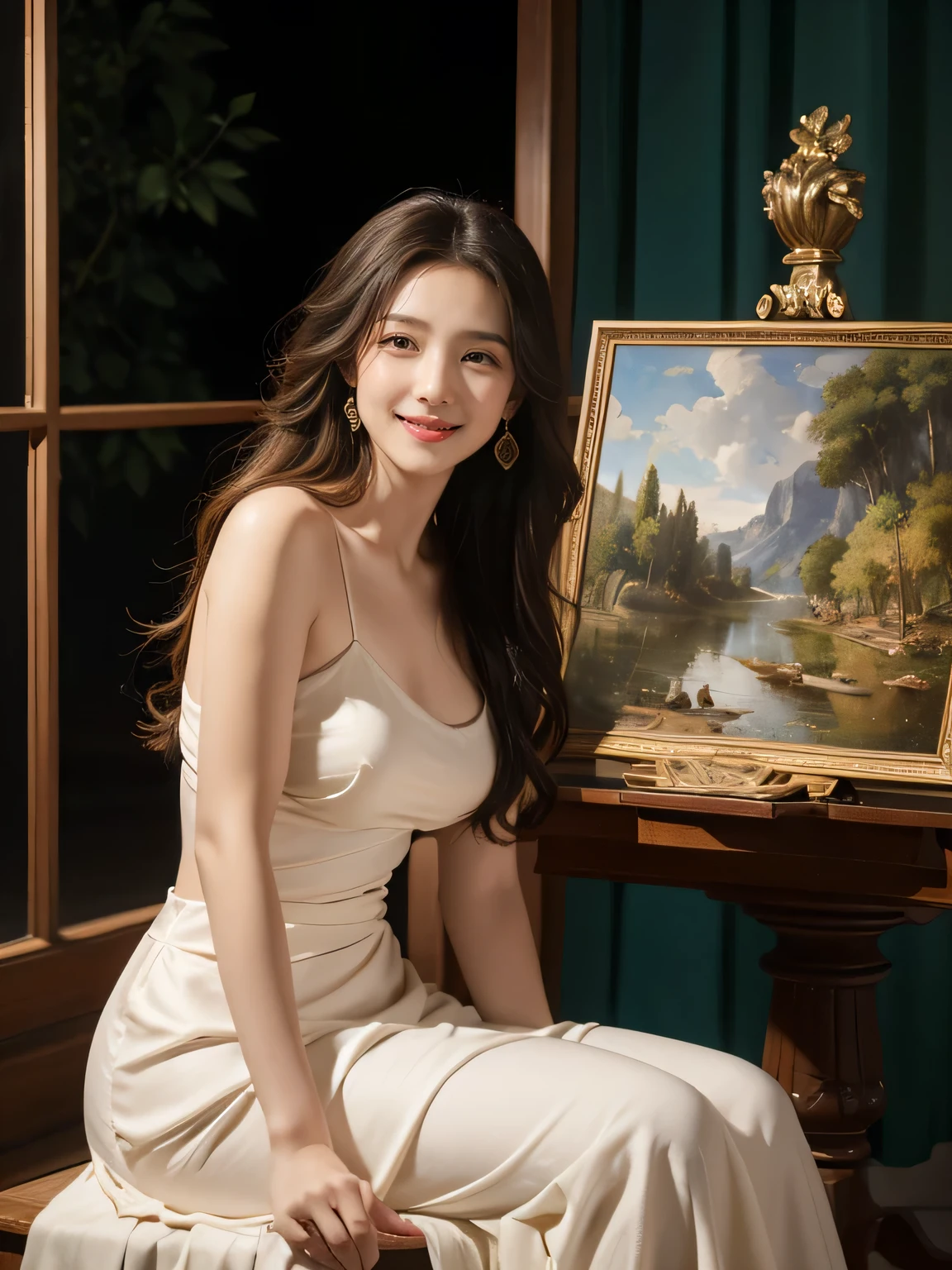 Giorgione painting style,roses in vase、fruits、Cute trinkets、smile、ancient greek costume、Clothes that stretch your shoulders、A big smile、beautiful bare skin,Female painter painting oil in her studio,Woman painting in oil with oil brush and palette