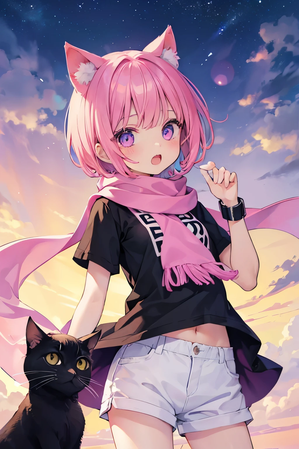 Very beautiful and shining eyes、shining eyes、1 girl、small breasts、big mouth、small breasts、Cat ear、Transparent pink short hair、scarf、hot pants、7 year old girl、childish clothes