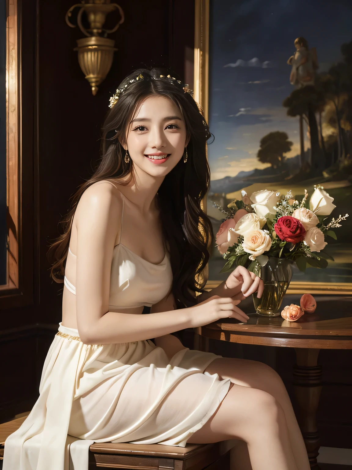 Giorgione painting style,Arguments of two female P、roses in vase、fruits、Cute trinkets、smile、ancient greek costume、Background is a forest lake at night 、Clothes that stretch your shoulders、A big smile、beautiful bare skin,Woman singing with sheet music