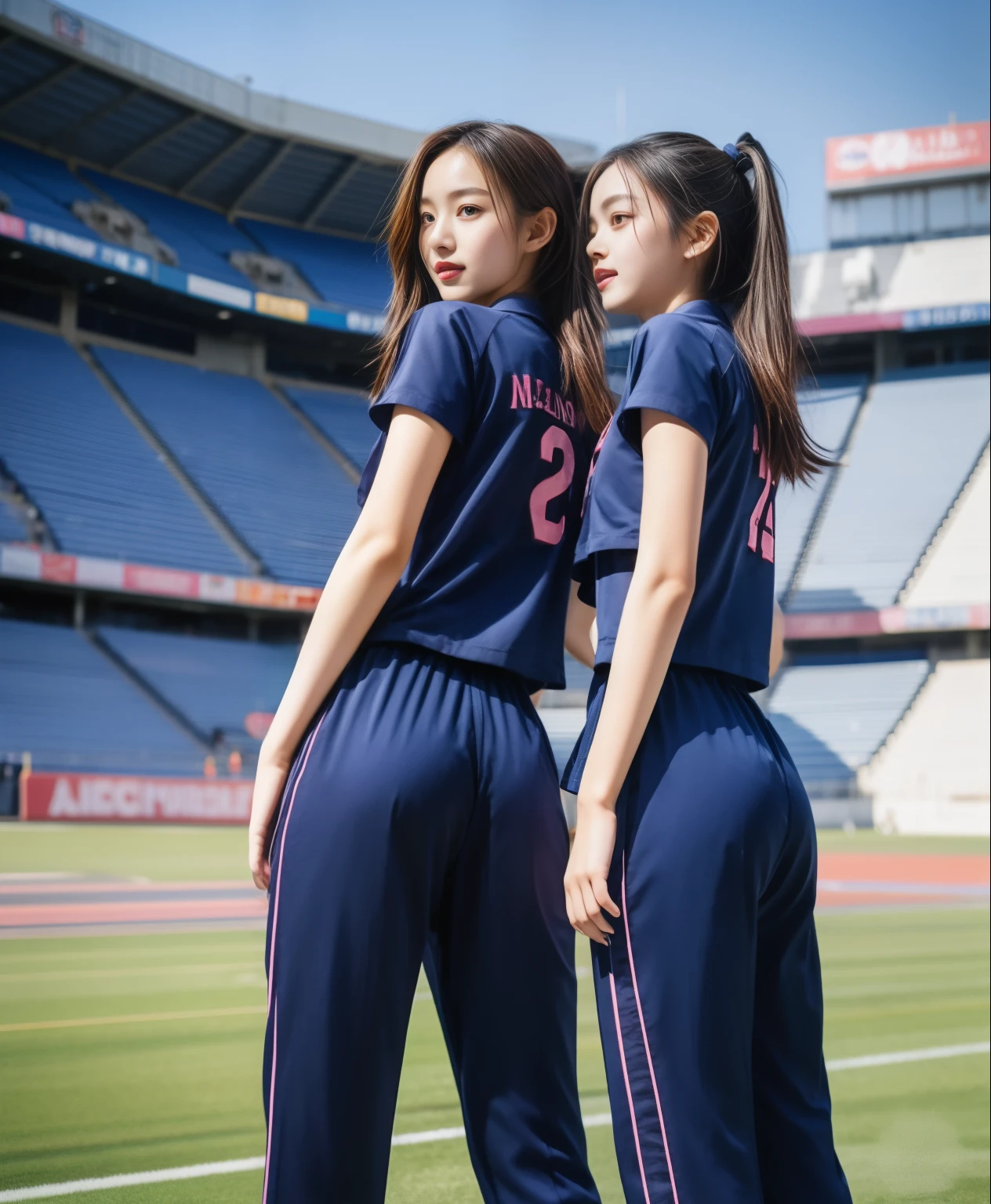 (best quality,10,10,height,Masterpiece:1.2),Special details,(realistic,ภาพrealistic,Realistic photos:1.37),1 cute girl on the football field,shiny, ผิวshiny,only,smile softly,BDclothelue shirt:1.3)),short sleeve,shirt, กางเกงขาlong.,(navy_long_track pants:1.1), ((stadium background:1.3)),Dynamic angle,excited,Face focus,dynamic poses,from behind,focus on ass,Masterpiece, best quality, ultra realistic, hyper-detail, 8K resolution, raw photos, Sharp focus, ((Navy blue shirt:1.1)), short sleeve, เส้นทางlong, perfect body, 2 mature women, 18 years old, Cinema-grade lighting system,blue sweatpants,shirtผ้าออกกำลังกาย,correct anatomy,perfect body, correct body, Sharp face, correct bodyทางกายวิภาค, full body, realistic gestures, long-haired, realistic poses,Wear long shorts................................,ช่วงขาlong,Good shape,carved girl, Slender figure, model, Good shape, beautiful body,blue sweatpants, two girls kissing