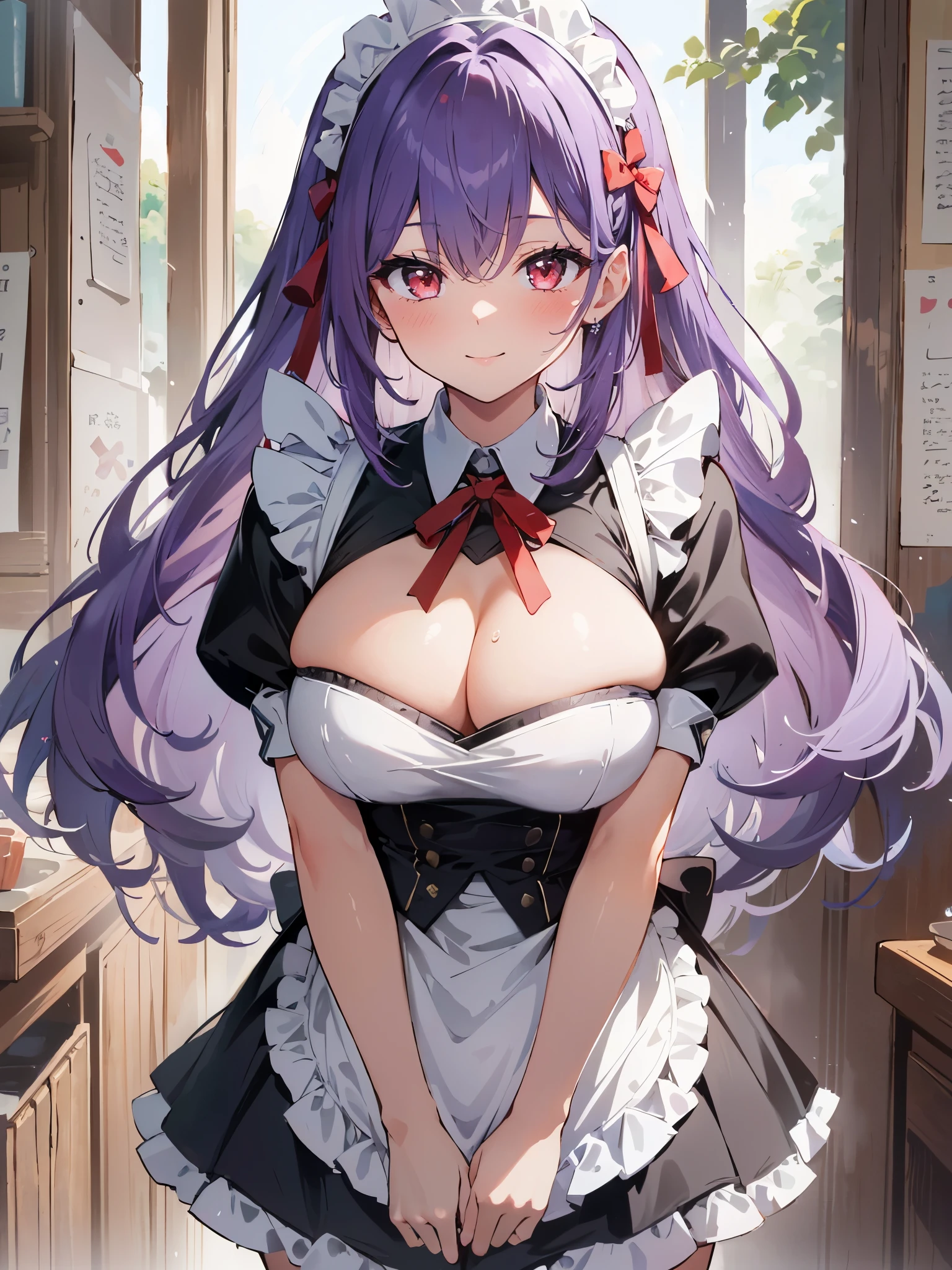 high quality, ultra detailed, best quality, insanely detailed, beautiful, masterpiece, 1girl, solo, illustration, mantion, cowboy shot, looking at viewer, red eyes, long hair, bangs, purple hair, maid, large breasts, cleavage, head dress, closed mouth, smile, blush