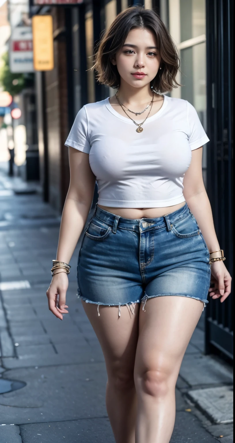 A woman in a white shirt and blue shorts walking down a street - SeaArt AI