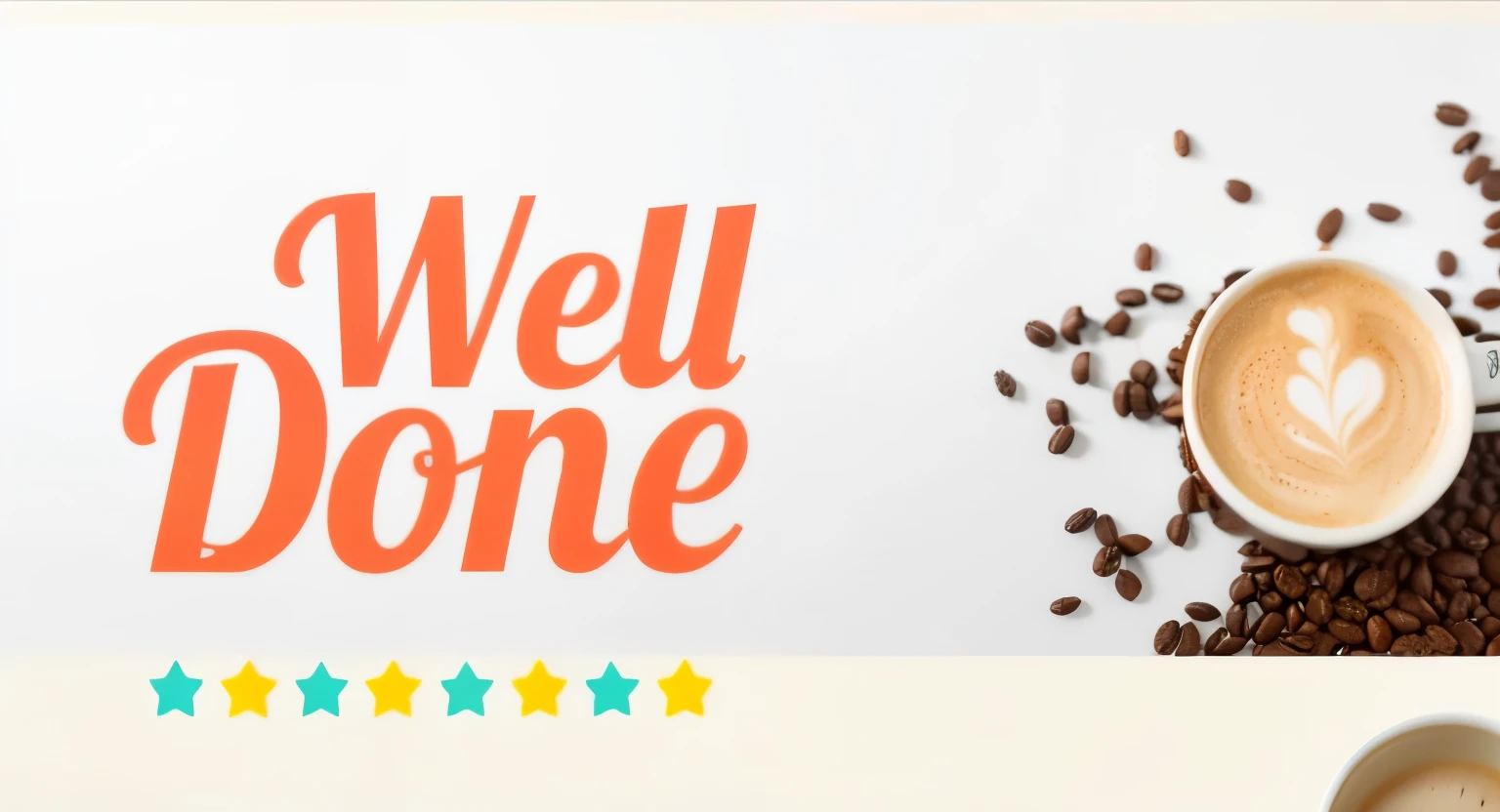 Close-up of a coffee cup with stars on the side, good done picture high quality, good, good toned, good list, thumbnail, banner, The smell of coffee, Header text&quot;, goodที่สุดในสต็อก Adobe, By Will Ellis, By Arabella Rankin, full width, On a white background, Wide angle full shot, good-rendered, good - rendered