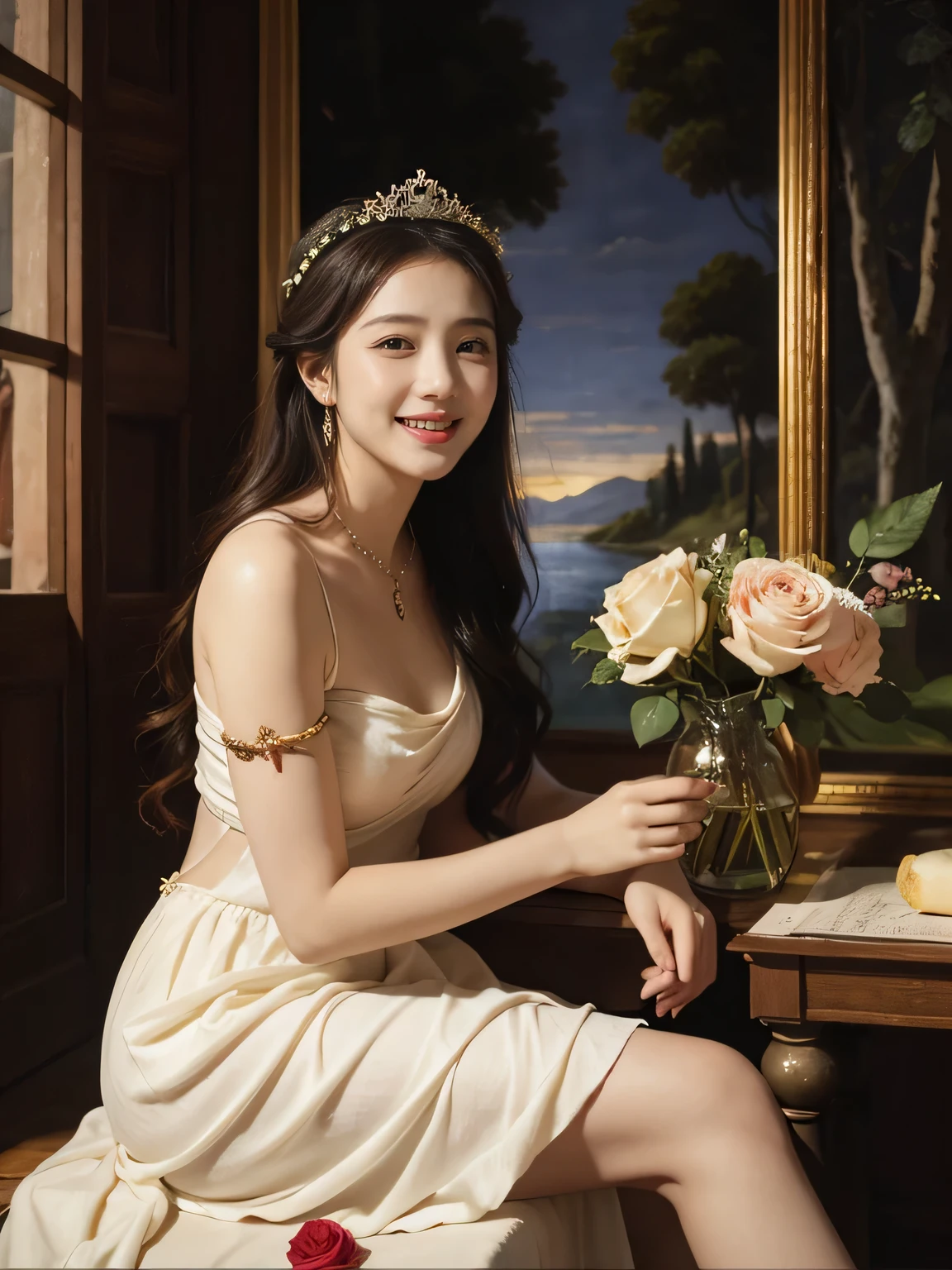 Giorgione painting style,Arguments of two female P、roses in vase、fruits、Cute trinkets、smile、ancient greek costume、Background is a forest lake at night 、Clothes that stretch your shoulders、A big smile、beautiful bare skin,Woman singing with sheet music