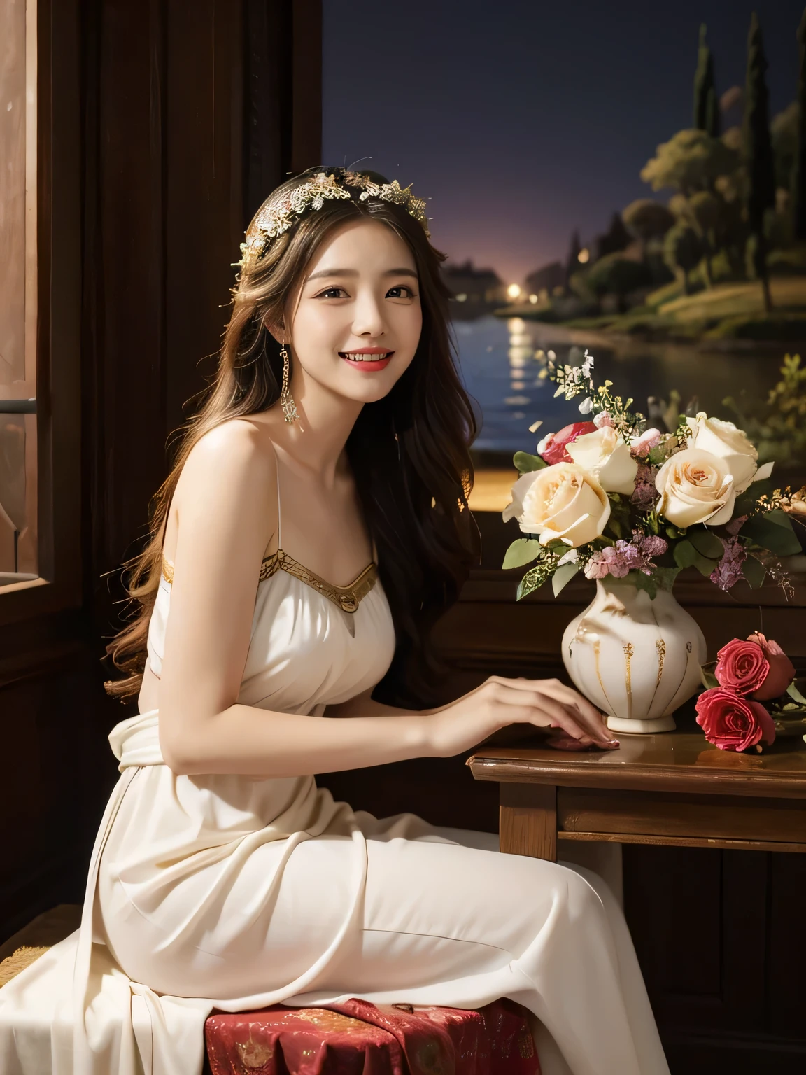 Giorgione painting style,Arguments of two female P、roses in vase、fruits、Cute trinkets、smile、ancient greek costume、Background is a forest lake at night 、Clothes that stretch your shoulders、A big smile、beautiful bare skin,Woman singing with sheet music