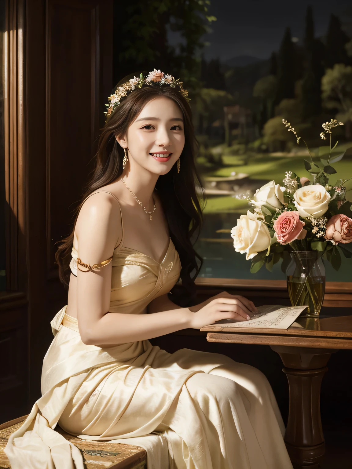 Giorgione painting style,Arguments of two female P、roses in vase、fruits、Cute trinkets、smile、ancient greek costume、Background is a forest lake at night 、Clothes that stretch your shoulders、A big smile、beautiful bare skin,Woman singing with sheet music