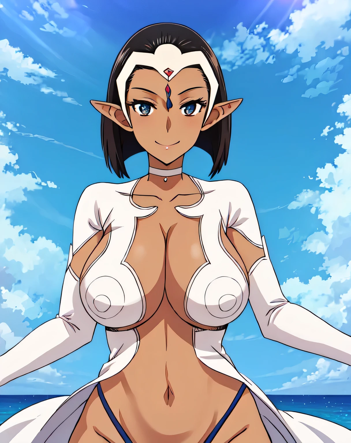IFSHIZUKA,SHORTHAIR, BROWNEYES,FOREHEAD JEWEL, DARK SKIN,MATURE FEMALE, REVEALING CLOTHES, PELVIC CURTAIN, THONG.BRIDAL GAUNTLETS, THIGH HIGHS, 1girl, solo, upper body, facing viewer, (looking at viewer:1.5), in the center, smile,
