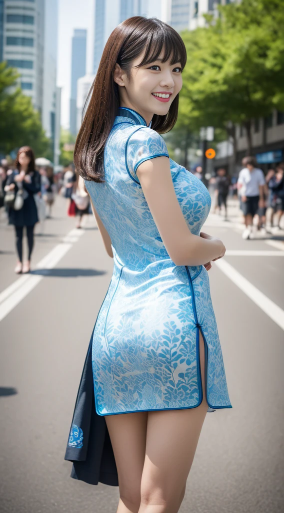 (top quality、ultra high resolution、​Masterpiece:1.3), Medium hair with bangs, Delicately moisturizes eyes, textured skin, best quality, 8K, Blurred background, (huge , (long legs), Legs exposed from the gap), natural color lips, Smile, woman with perfect style, You are in a high traffic area, (Two girls wearing cheongsam showing colorful patterned breasts:1.2), facing forward, looking at camera