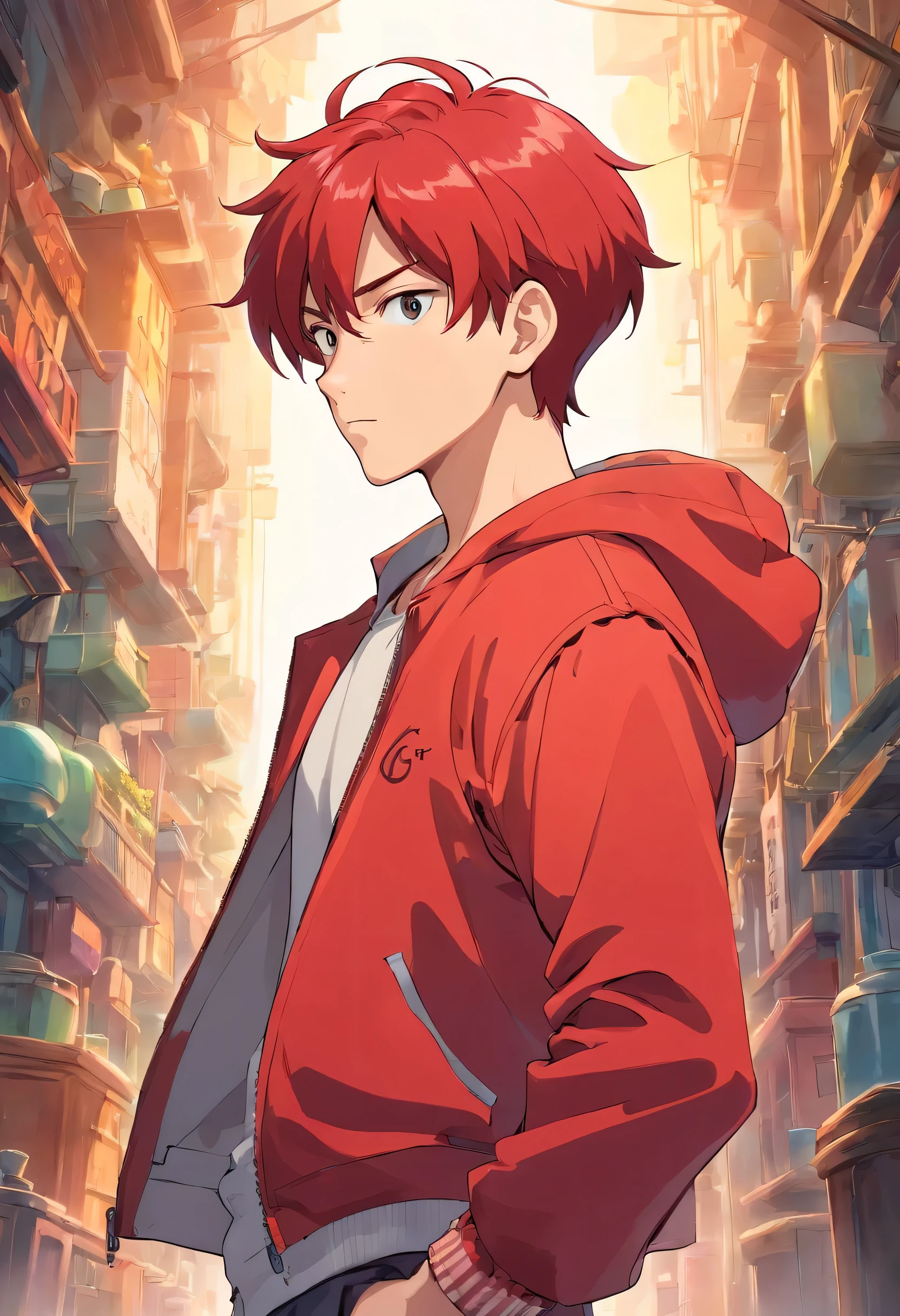 Red hair teen man whit red jacket in body of Bodybuilding that in front viwe