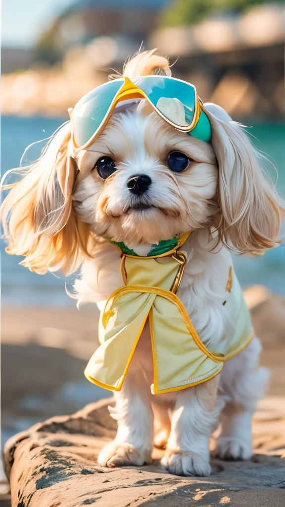 Trendy puppy Qiqi stands in the wind on the beach，The sun shines on her body，Reflecting golden light。The puppy is wearing a cool dress，Exude freshness and confidence with every step you take