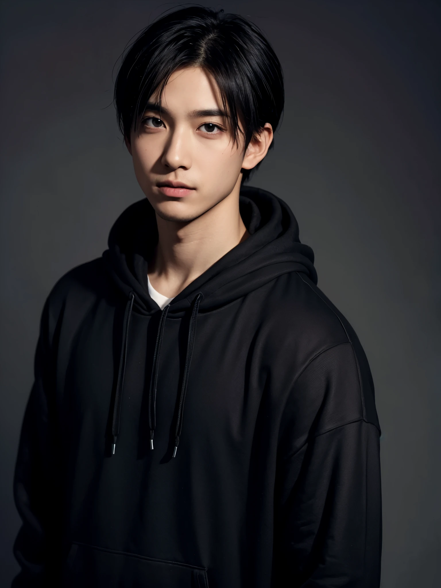 masterpiece,high quality,1 boy,black hair,black eyes,short hair, hoodie, upper body, 30-year-old, japanese, slim, gray background,looking at another
