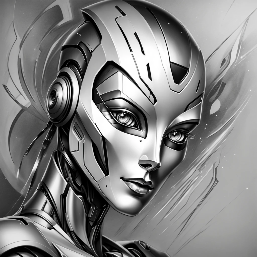 ，(character sketch:1.1)，(charcoal drawing:1.2)，Sketch，(pencil drawing:1.3)，Charcoal painting style，Black -white-silver  ，character sketch, high resolution, 1womanl, Solo, (Detailed face), kda，bioluminic, Black and white and silver colors galactic cybernetic mask, (abstracted, Make a sketch of a robot with high technology:1.5), Part description, SH4G0D,