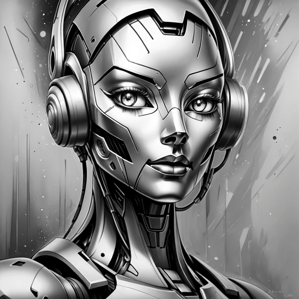 ，(character sketch:1.1)，(charcoal drawing:1.2)，Sketch，(pencil drawing:1.3)，Charcoal painting style，Black -white-silver  ，character sketch, high resolution, 1womanl, Solo, (Detailed face), kda，bioluminic, Black and white and silver colors galactic cybernetic mask, (abstracted, Make a sketch of a robot with high technology:1.5), Part description, SH4G0D,