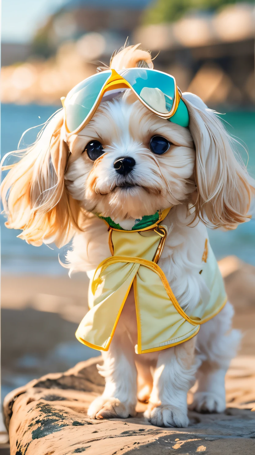 Stylish puppy Kiki stands in the wind on the beach,The sun shines on her body,Reflects the golden glow。The puppy is wearing a cool outfit,Every step you take exudes freshness and confidence