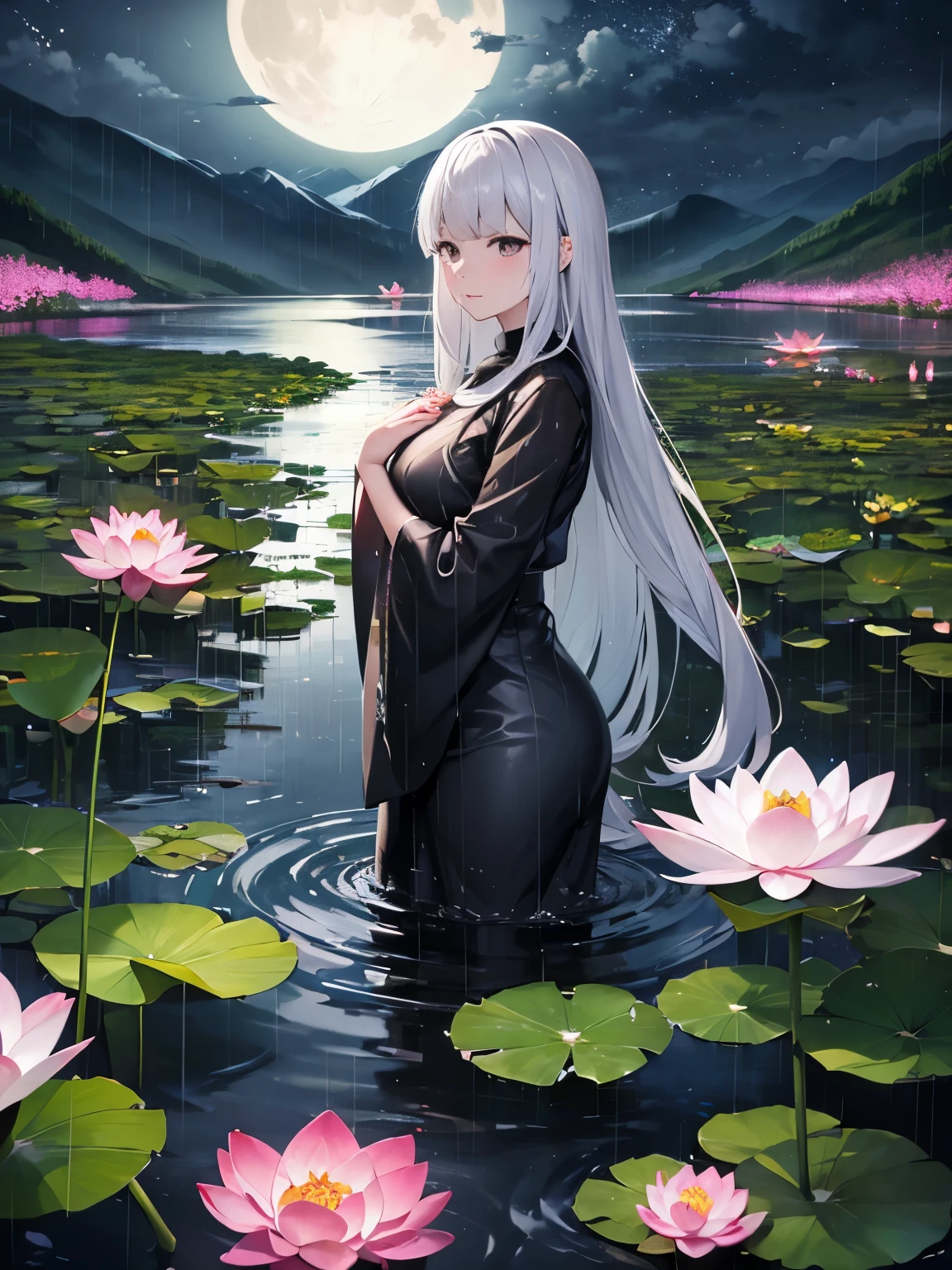 At night, Only moonlight illuminates, Crooked Moon, distant mountain々, Beautiful big lotus flowers nearby, Big red lotus flower, Water is running on the side, frog, Summer full of joy, Crooked Moon in the sky mixed with stars, awesome wallpaper, Rainy night, Rainy night, beautiful and beautiful, movie, high detail ((heavy rain))), 8k