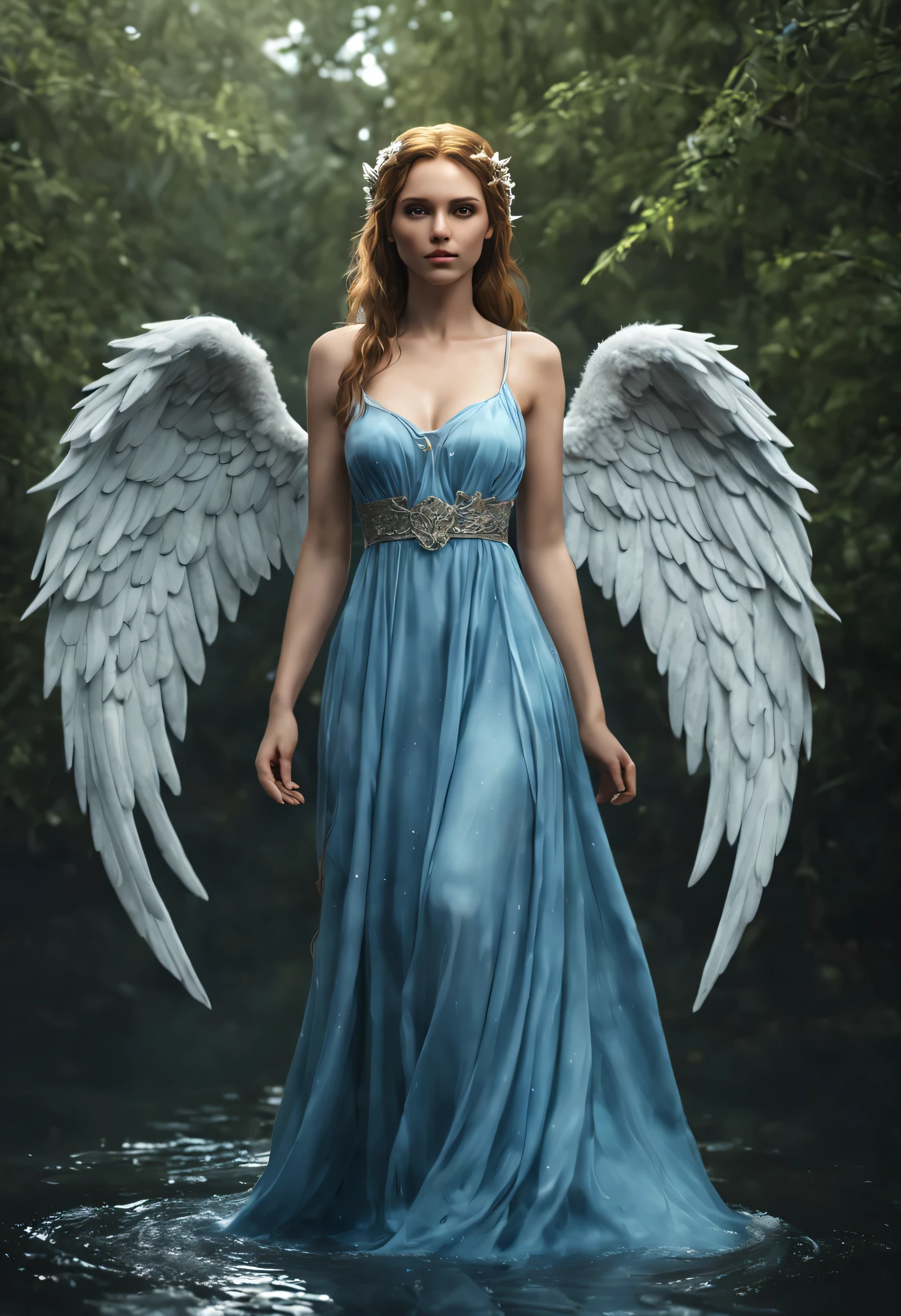 a woman in a blue dress with white angel wings standing in water, beautiful 3d rendering of a fairy, realistic fantasy rendering, beautiful adult fairy, beautiful fairy, daz studio Genesis iray ultra hd, daz studio Genesis iray, stunning fantasy 3 d rendering, fae teenage girl, elves, brown-haired elf, portrait of a fairy, 4K
