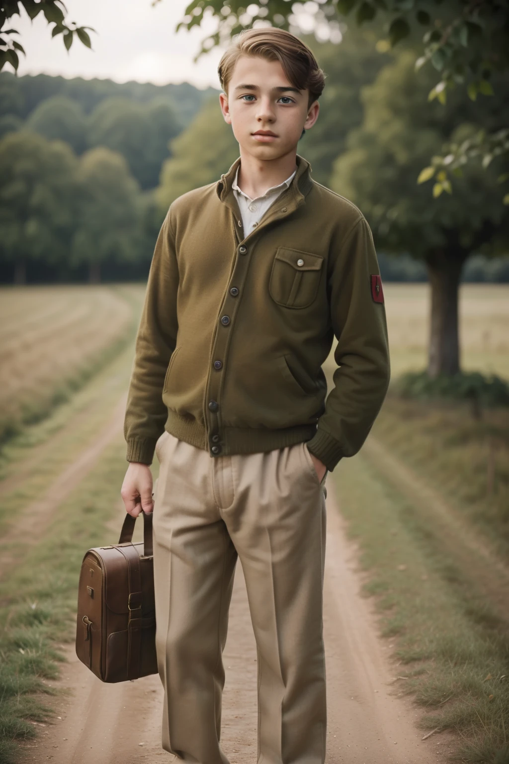 Countryside England, 1940. ((((-yeld)) er Pevensie)). ((((casual teen clothings from the 1940)))), ((hairstyle of the 1940s))