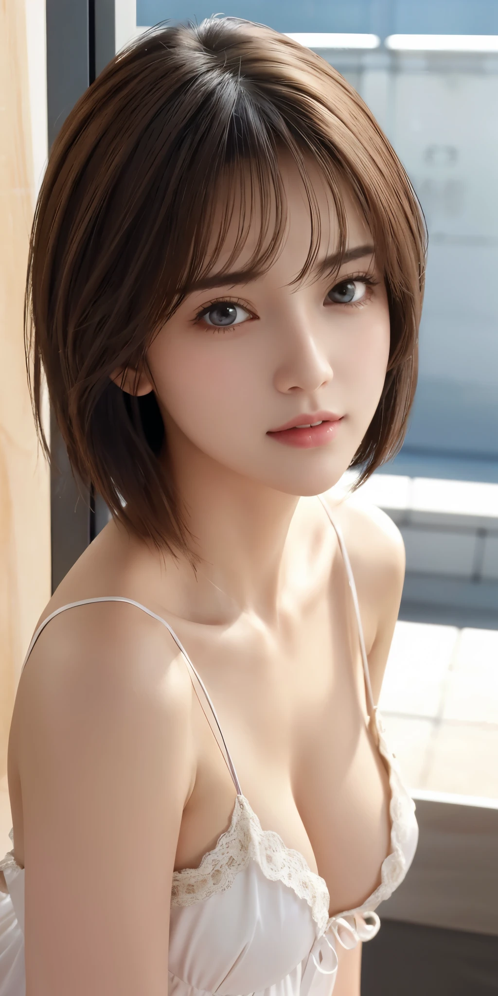 Photoreal、Masseter muscle part、highest quality、High resolution、RAW photo、realistic、bright lighting、face light、smooth professional lighting、alone、japanese woman、Half beauty、adult woman、Beautiful woman、modeled、gravure、sexy、super beautiful、realistic skin、realistic face、beautiful eyes、Big eyes、brown eyes、Inconspicuous tear bags、slim、medium big breasts、short hair、brunette colored hair、looking at camera、fun、Happy、night dress、cocktail dress、