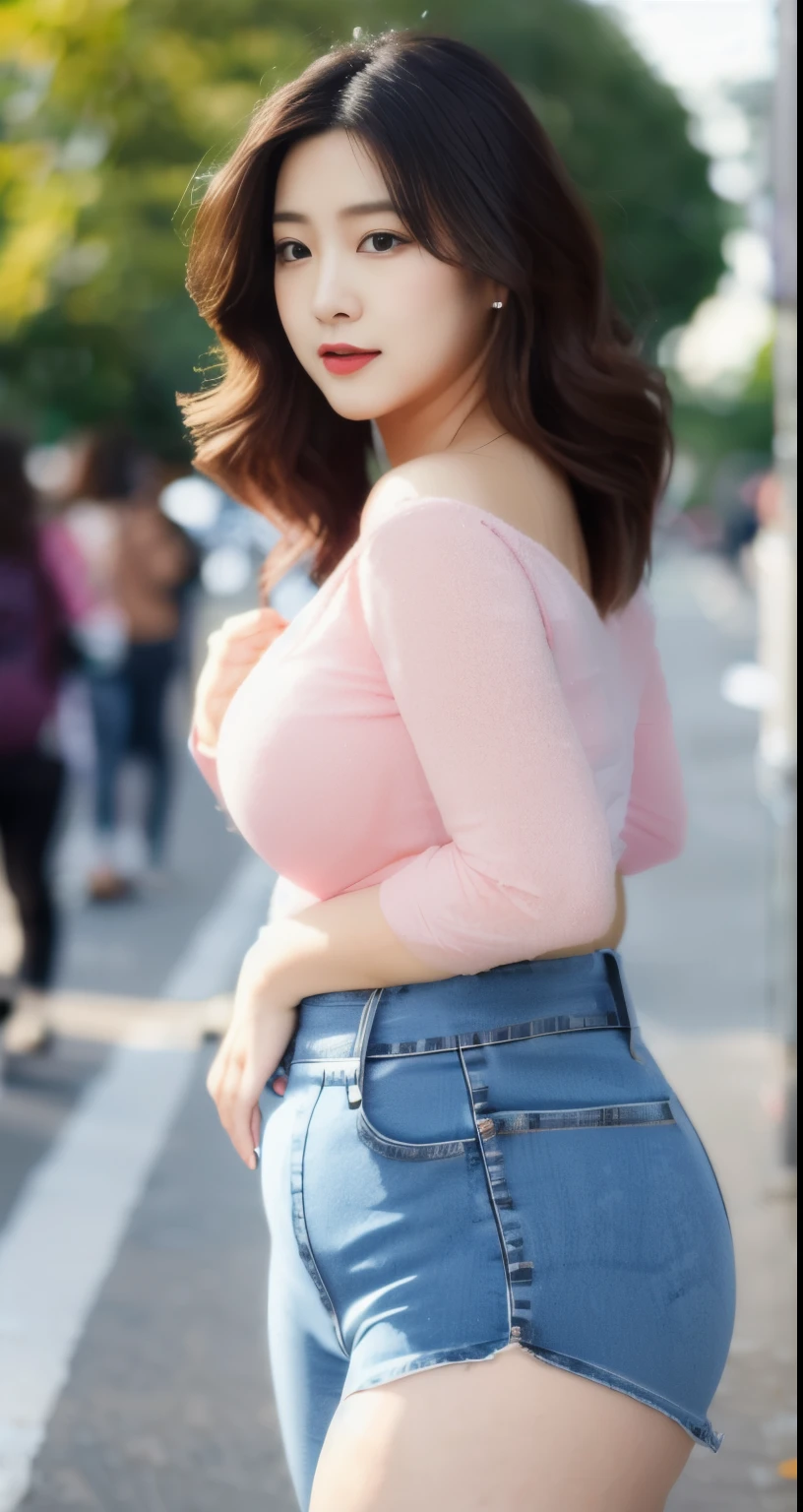 ((best quality)), ((masterpiece)), (detailed), perfect face, araffe woman in a long dark-blue shirt and blue denim skirt walking down a street, thicc, wavy short hair , she has a jiggly fat round belly, bbwchan, wearing tight simple clothes, skinny waist and thick hips, widest hips, her belly is fat and round, soft curvy shape, hyperrealistic full figure, wearing a cute top, wide hips, wearing 10 bracelet , wearing huge diamond necklace