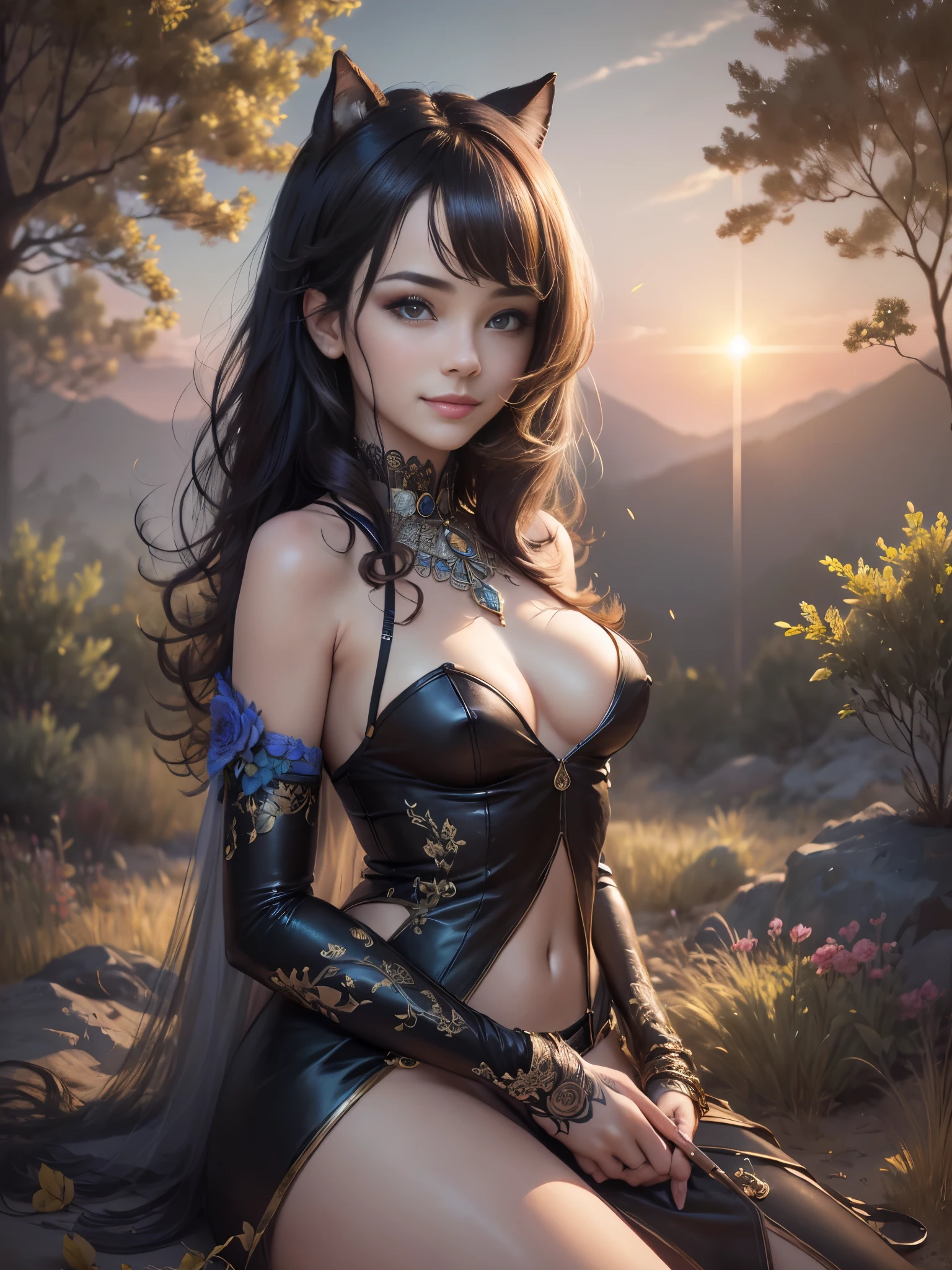 1girl, solo, looking at viewer, smile, makeup, sun, mid day, (realistic:1.2), (realism), (masterpiece:1.2), (best quality), (ultra detailed), (8k, 4k, intricate),(full-body-shot:1), (85mm),light particles, lighting, (highly detailed:1.2),(detailed face:1.2), (gradients), sfw, colorful,(detailed eyes:1.2)(detailed background),detailed landscape, (dynamic angle:1.2), (dynamic pose:1.2), (rule of third_composition:1.3), (Line of action:1.2).