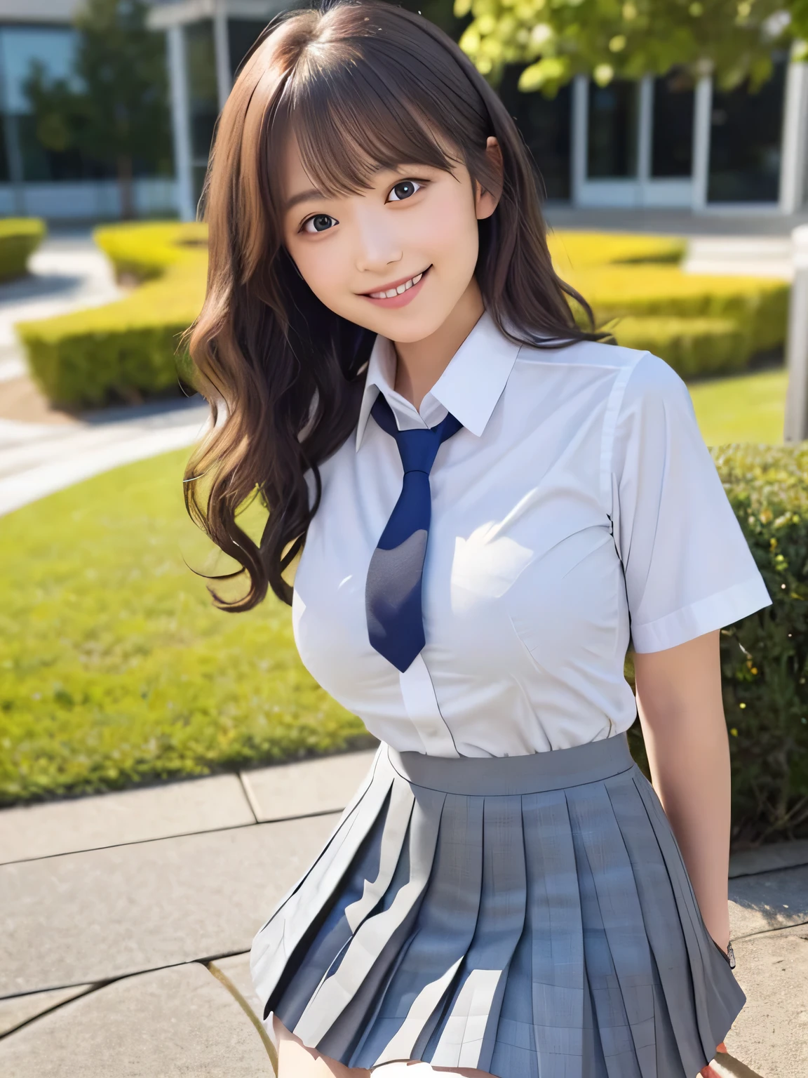 8k, highest quality, real image, intricate details, Super detailed, ultra high resolution, depth field,(realistic,realistic:1.2), from the middle, 1 Japanese girl, very beautiful  girl, Big eyes, beautiful breasts:1.5、highly detailed eyes:1.2), (beautiful breasts:1.1), (small breasts:1.5), wavy hair、curly hair、bangs, perfect skin, Fair skin, huge hips, thick thighs, thick legs, cleavage, tight waist, light blush, alone, looking at the viewer, (smile:1.4), ((School_uniform), (white shirt、wear a tie), (gray pleated skirt), (sculpture installation :1.1)