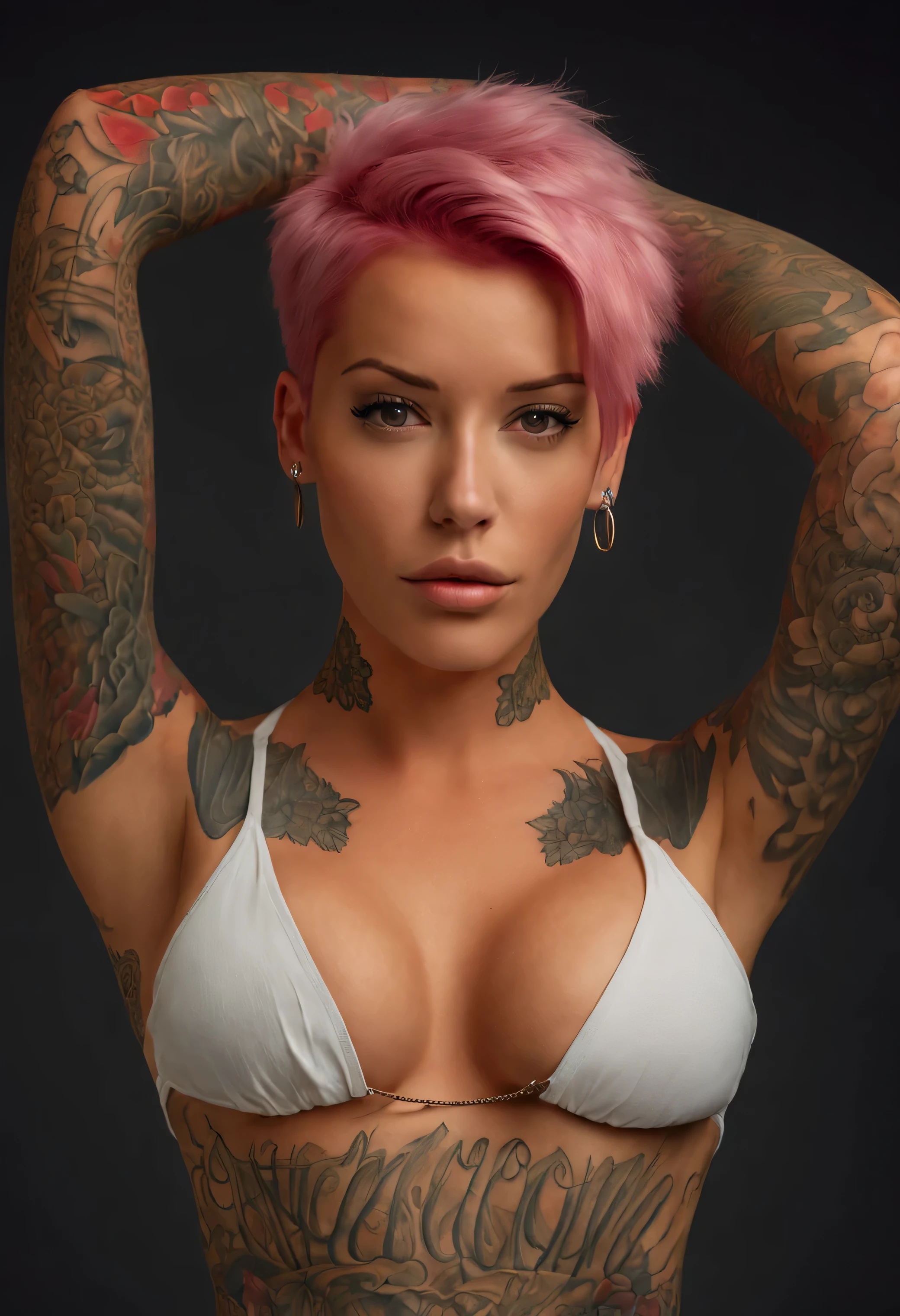 Laurence Bedard, an Instagram fashion model, exudes beauty and confidence in this photo-realistic masterpiece. With her short pink hair and a serene expression, she stands partially naked, showcasing her full body tattoos. The image, captured in 8K resolution with dynamic lighting, highlights her striking features and intricate tattoos, including the 'overcome' tattoo on her stomach and shoulder tattoos. This high-quality portrayal embodies elegance and aesthetic appeal, making it a top choice for admirers of fine art.
