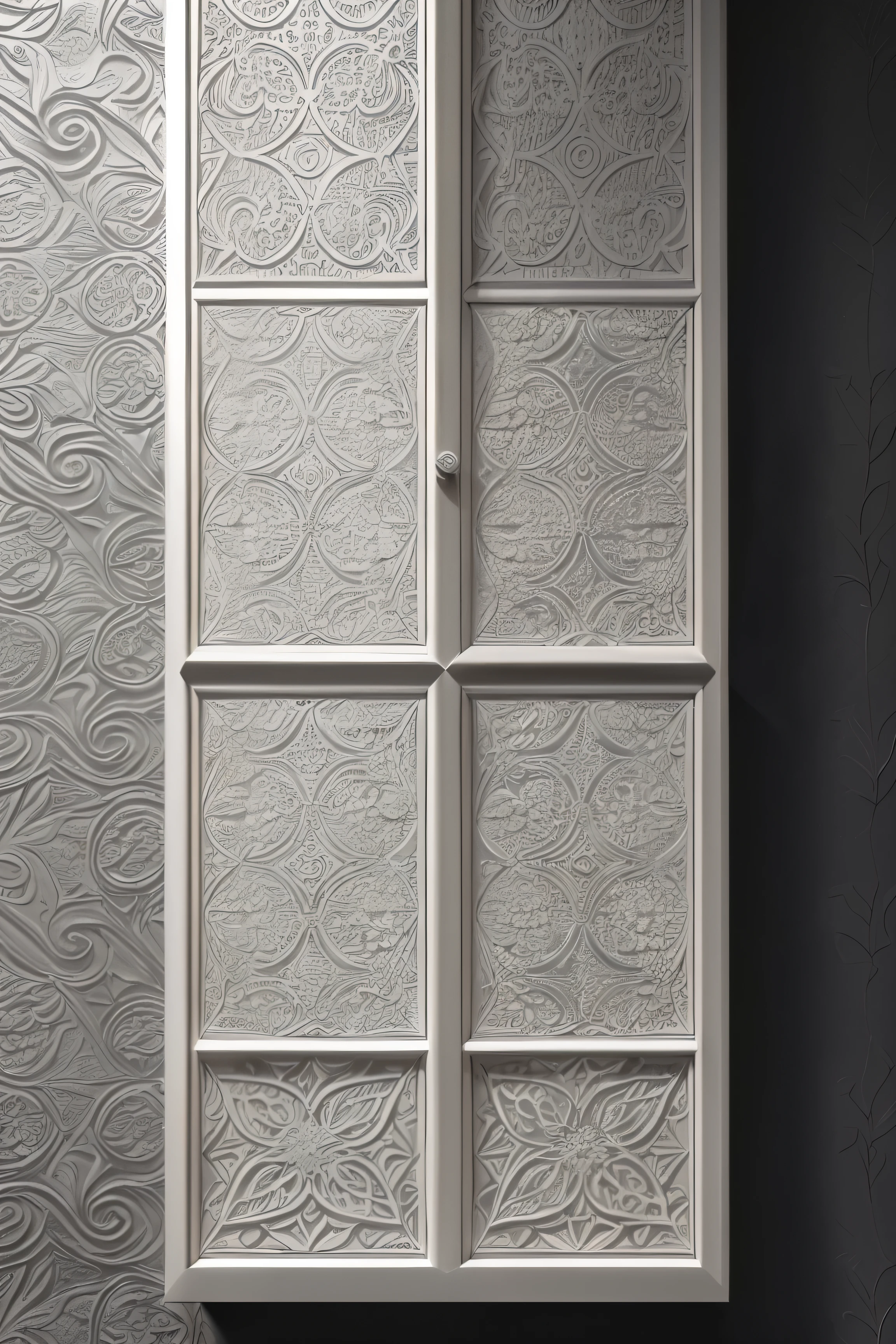 Create an image that showcases an exquisitely embossed artistic pattern against a dark gray background (4K, HD, highres). The pattern is a harmonious blend of abstract shapes and organic motifs, meticulously crafted to captivate the viewer's attention (masterpiece: 1.3, photorealistic: 1.4). The intricate embossed details subtly emerge from the background, bestowing the pattern with a delicate sense of depth and texture (detailed skin: 1.3, intricate details: 1.2).
The interplay of light and shadows is carefully curated to accentuate the three-dimensional quality of the emboss