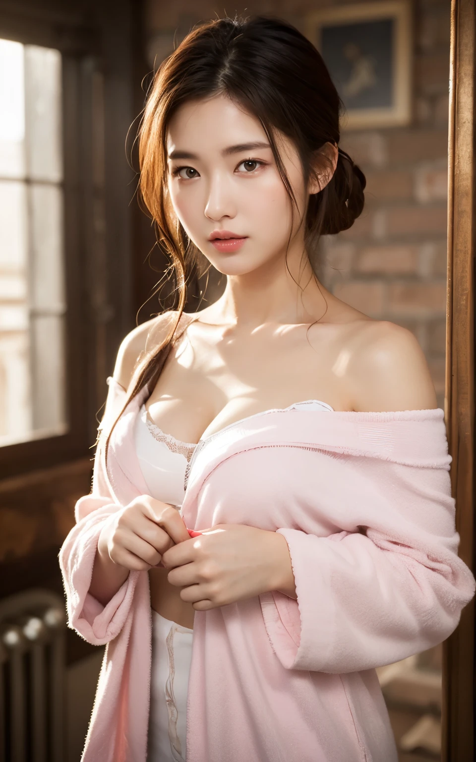 Highly detailed CG Unity 8k wallpaper, top quality, super detailed, masterpiece, realistic, photo realistic, very detailed cute girl, 25 years old, blush, evil, round eyes, medium breasts, looking viewer, half body shot , cleavage , off-shoulder bathrobe