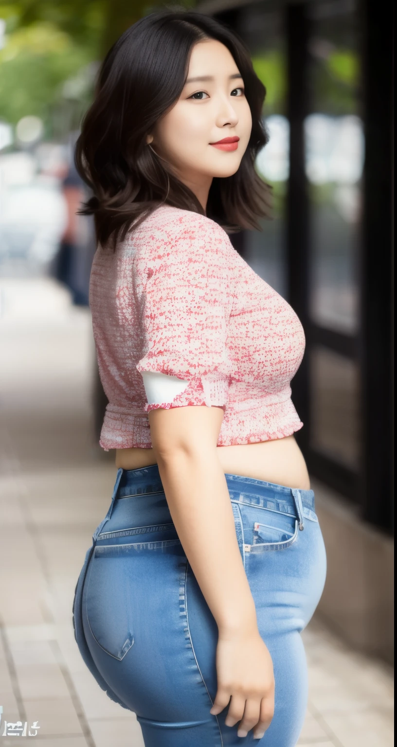((best quality)), ((masterpiece)), (detailed), perfect face, araffe woman in a long dark-blue shirt and blue denim skirt walking down a street, thicc, wavy short hair , she has a jiggly fat round belly, bbwchan, wearing tight simple clothes, skinny waist and thick hips, widest hips, her belly is fat and round, soft curvy shape, hyperrealistic full figure, wearing a cute top, wide hips, wearing 10 bracelet , wearing huge diamond necklace