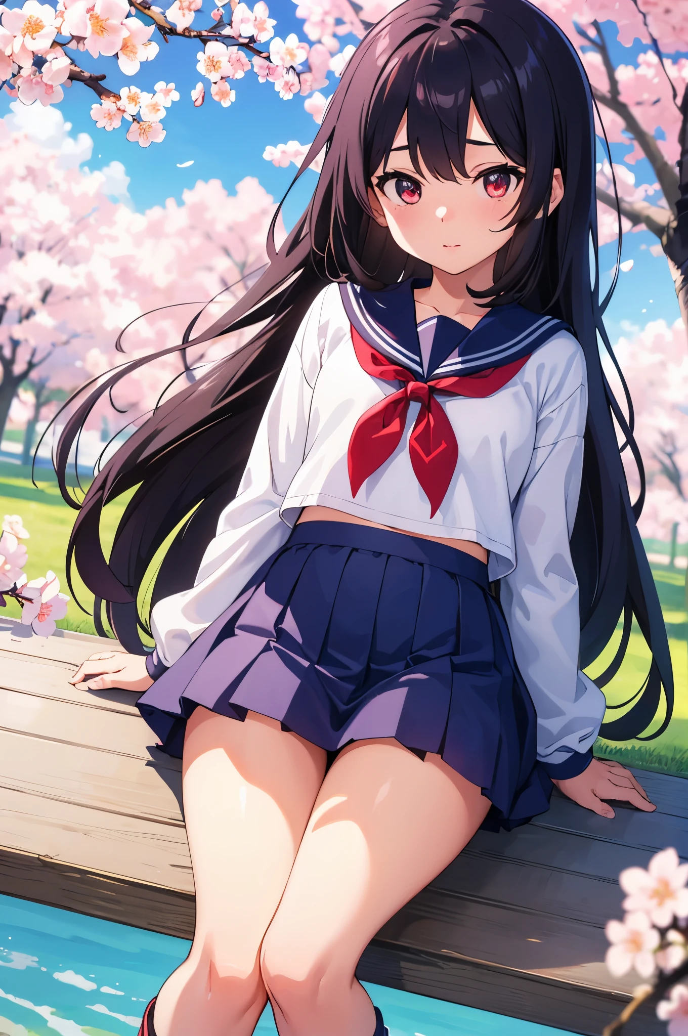 Rows of cherry blossom trees in the park　Cherry blossom trees in full bloom　elementary school girl　8-year-old　flat chest　black hair　long hair　eyes are purple　（（1 person））　White upper body long sleeve sailor uniform　Lower body navy blue miniskirt　white panties　white socks　sports boots　lying under the cherry tree　look up　spread your legs a little（（I can see white panties））　from directly above　dynamic angle　Low - Angle