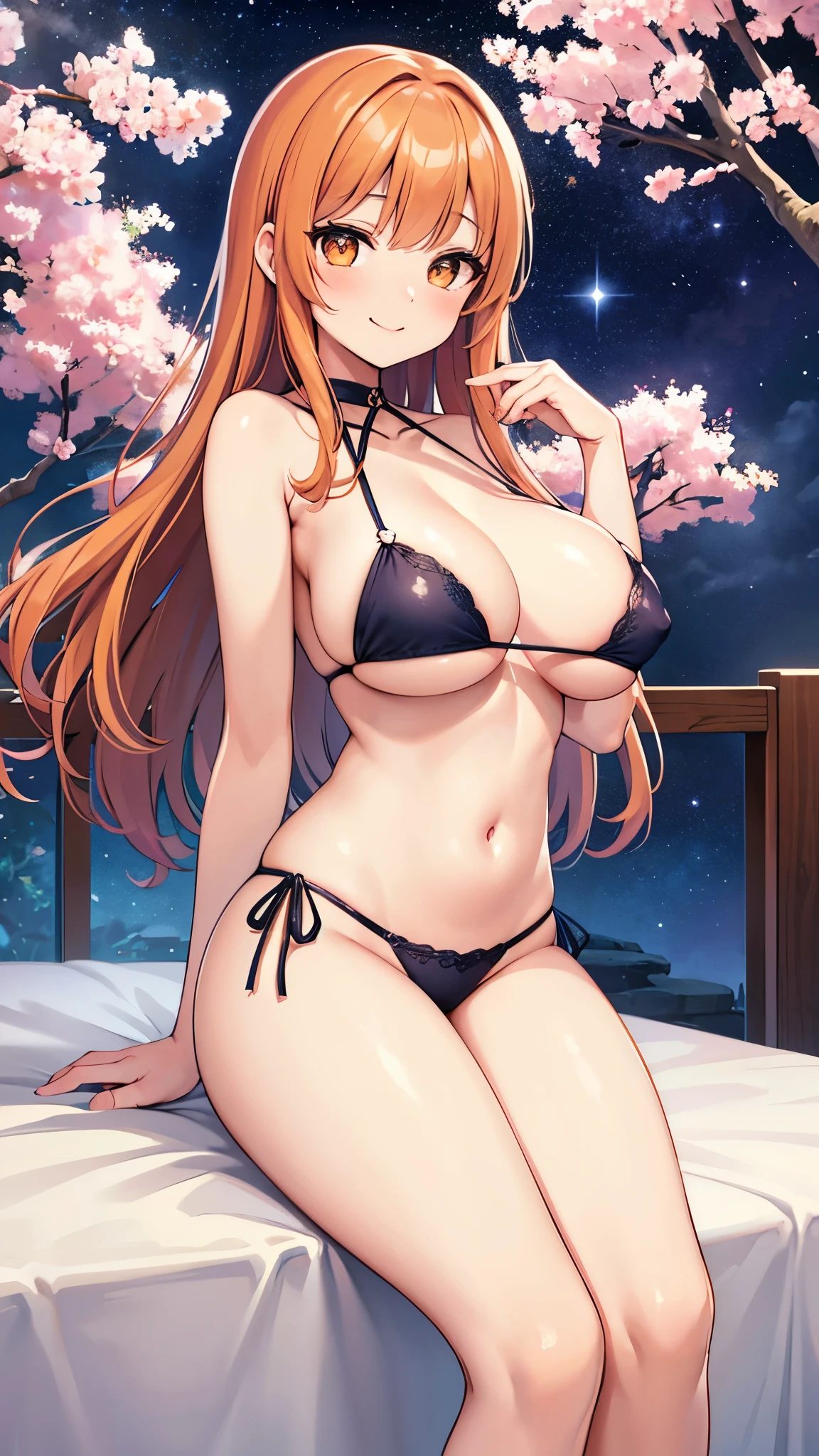 {{{Front best quality,Front masterpiece}}},{{{Front UHD}}},{{{Front UHD Beautiful Maiden Natsume_Sayoko Sitting On Starry Night BedRoom Luxury_Bed CG}}},{{{ancient-Romana Style CG}}},{{{Front}}},{{{Front spread legs front On Starry Night CG}}},{{{Beautiful Gigantic Breasts Maiden Body}}},Front Beautiful Maiden Natsume_Sayoko, Beautiful long Orange hair, Beautiful brown Pupils, Beautiful Charming smile lip,High quality detailed strapless&sleeveless Bikini,Beautiful Gigantic Breasts, Beautiful Gigantic Breasts Maiden Body,Front spread legs standing On Starry Night under the Sakura Tree.
