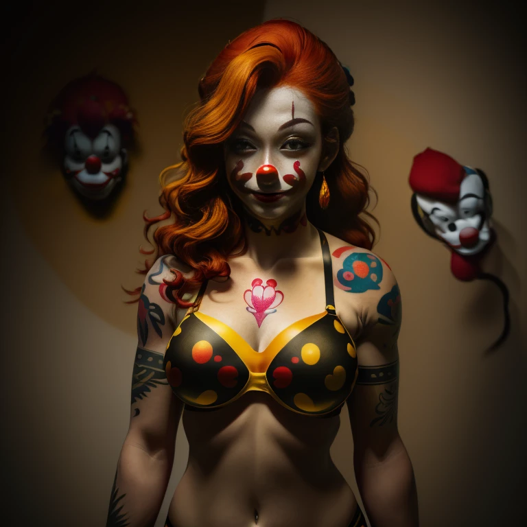 a naked clown-woman, body paint clown make up style, weird saggy closwn tits and funny massive funny nipples