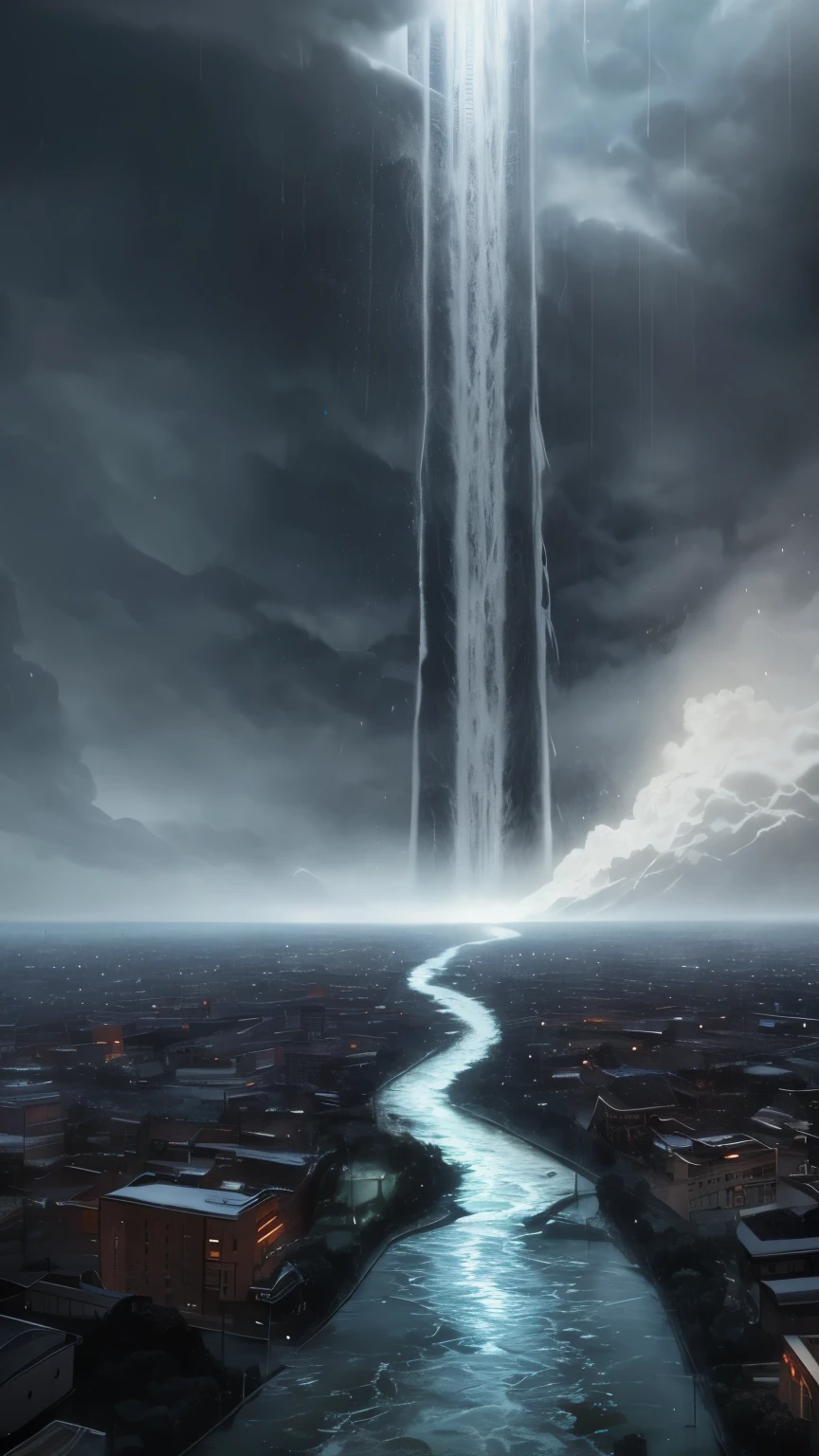 best quality, 32k, RAW photo, incredibly absurdres, extremely detailed, A large amount of water falling from the heavens, a great flood, and a warning to humanity