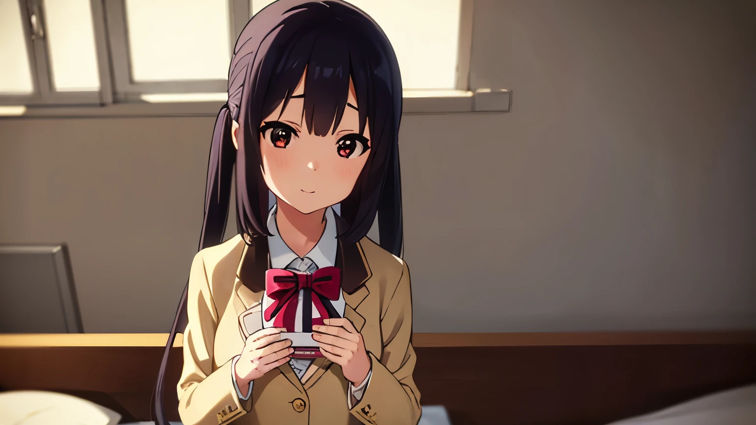 1girl, (((masterpiece))), wallpaper HD, top-quality, top-quality, High Details, nakano azusa, 1girl, Sakuragaoka High School Uniform, student clothes, black cat ear, (((black cat ear))), Twin-tailed, length hair, A dark-haired, brown-eyed, solo, reddish, Dark blue blazer with thin red ribbon, Solid white buttoned shirt under blazer, illustratio, comic strip, soothing tones, Subdued Color, Soft cinematic light, adobe lightroom, photolab, HDR, intricately and hyper-detailed、(((depth of fields))))。(((masterpiece)))。(((top-quality))).)((ultra-detailliert)))。(((illustratio)))。(((takeout))).dynamic focus.big breasts.(((home))).(((A bedroom))).(((Face of happiness))). open smile mouth.(((hand holding a chocolate valentine gift))).(((up chest))).((morning glow)).((the setting sun)).