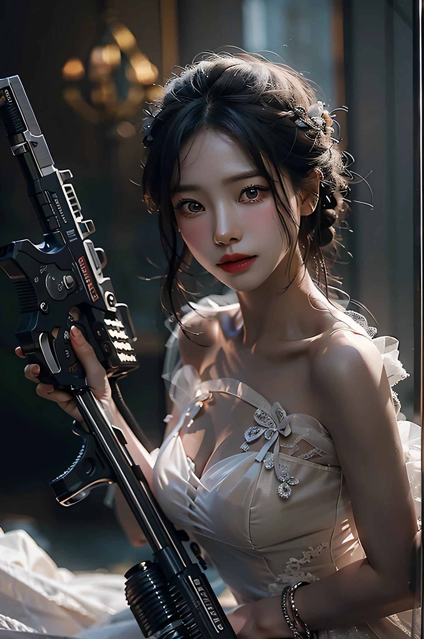 (highest image quality), (masterpiece), (vibrant, photography realistic, Realistic, Dramatic, Dark, Sharp focus, 8K), Close up Face, Highly detailed face and skin texture, sexy wedding dress, ethereal beauty, mature asian woman,black long hair, make up, sexy smile, nsfw ,Close up shot, ((backlight)), holding the gun, secret agent