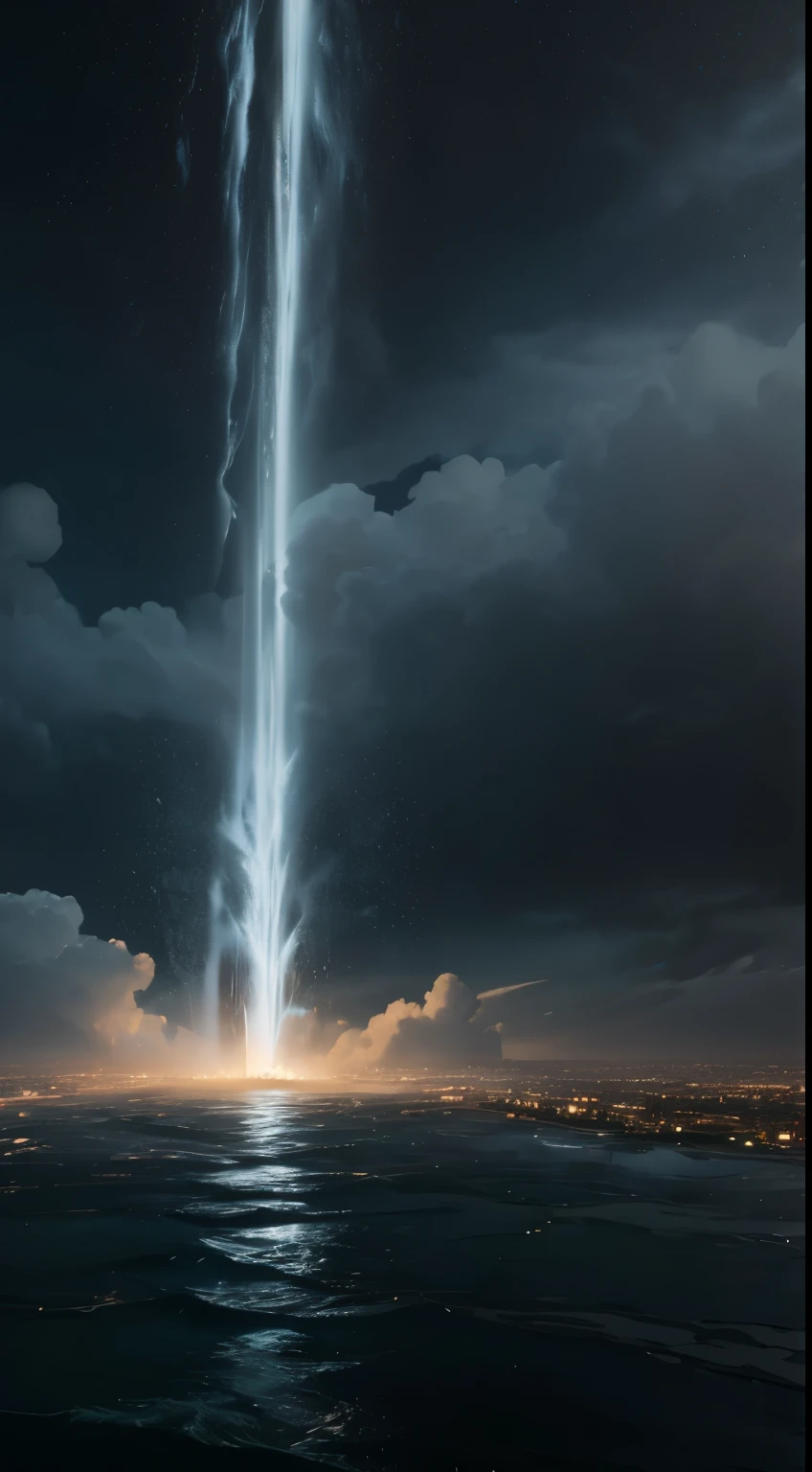 best quality, 32k, RAW photo, incredibly absurdres, extremely detailed, A large amount of water falling from the heavens, a great flood, and a warning to humanity