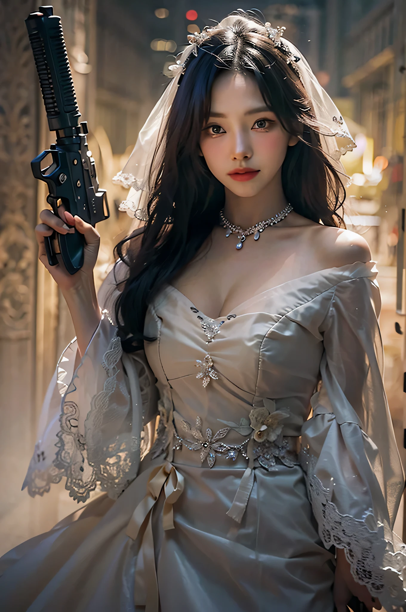 (highest image quality), (masterpiece), (vibrant, photography realistic, Realistic, Dramatic, Dark, Sharp focus, 8K), Close up Face, Highly detailed face and skin texture, sexy wedding dress, ethereal beauty, mature asian woman,black long hair, make up, sexy smile, nsfw ,Close up shot, ((backlight)), holding the gun, secret agent