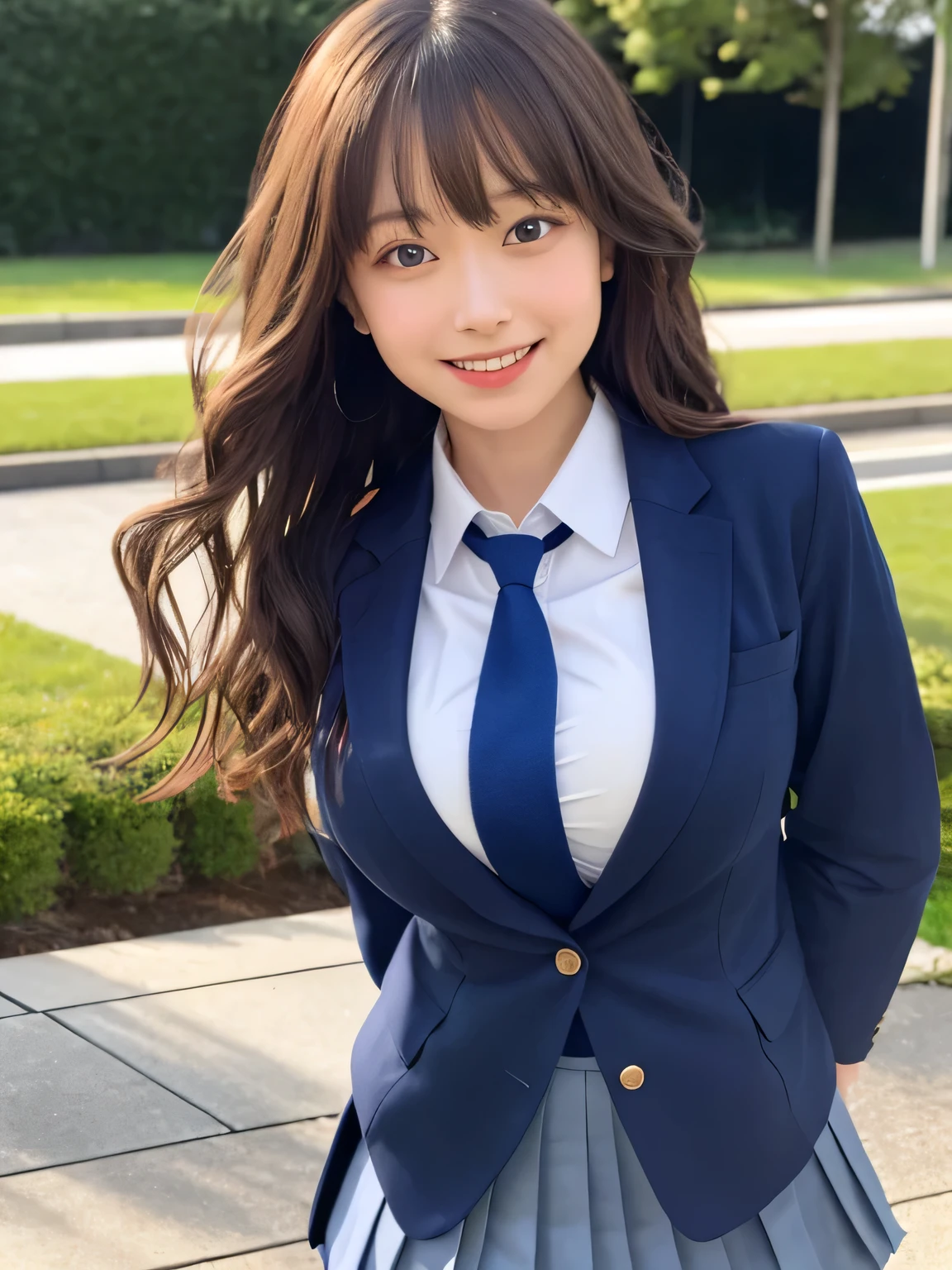 8k, highest quality, real image, intricate details, Super detailed, ultra high resolution, depth field,(realistic,realistic:1.2), from the middle, 1 Japanese girl, very beautiful 17 year old girl, Big eyes, beautiful breasts:1.5、highly detailed eyes:1.2), (beautiful breasts:1.1), (small breasts), wavy hair、curly hair、bangs, perfect skin, Fair skin, huge hips, thick thighs, thick legs, cleavage, tight waist, light blush, alone, looking at the viewer, (smile:1.4), ((School_uniform),(dark blue blazer), (white shirt、wear a tie), (gray pleated skirt), (sculpture installation :1.1), break (open mouth)
