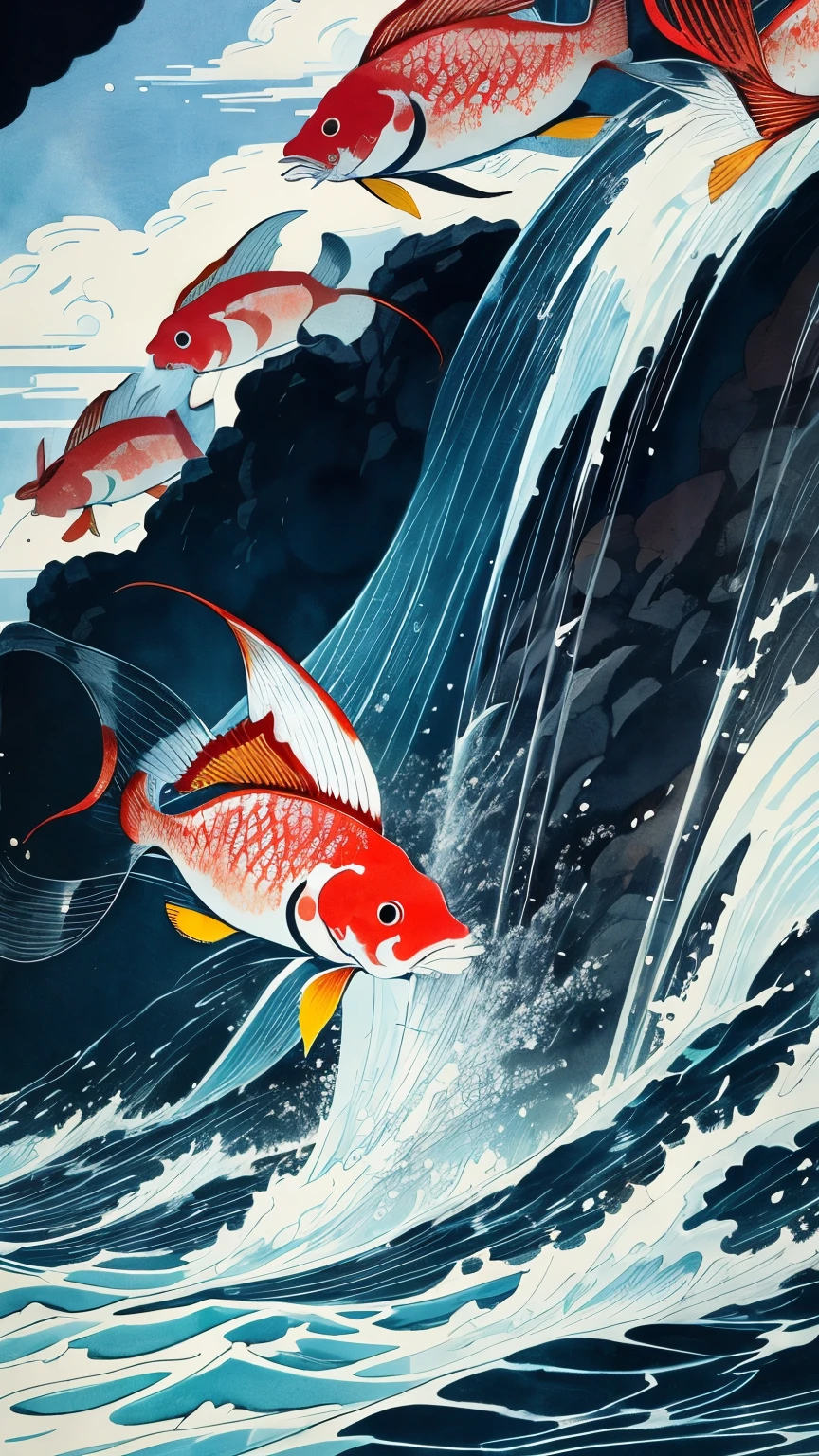 best quality, ukiyo-e style, watercolor art drawing, Japanese ink printing style, brightly colored carp climbing the waterfall, incredibly absurdres, extremely detailed, delicate, flashy and dynamic depiction