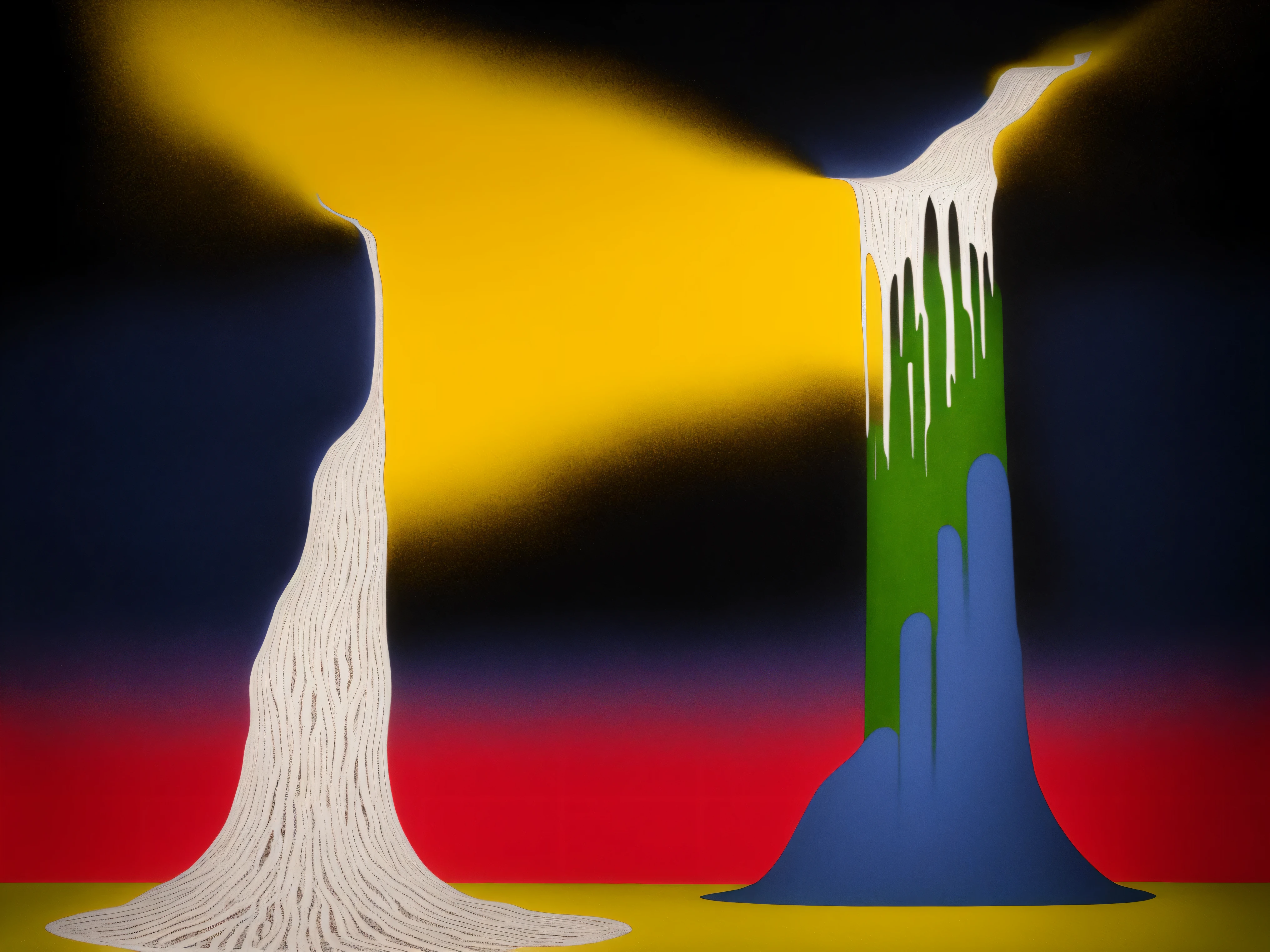 waterfall upwards, levitating water, like an ever flowing stream, water falling into the sky, waves, William Blake, visionary art, New Age art, computer art, (Eyvinde Earle), JRR Tolkien, ((Tyler Hobbs)), aboriginal artwork, Hilma af Klint, dreamtime, falling up, organic abstract geometric artwork, burn marks, (HR Giger), Sol Lewitt, intricate, tryptophobia, art nouveau, expired film, death metal album cover, altars of madness, (abstract ukiyo-e), contrast, shadows, houdini, ambient occlusion, subsurface scattering, depth of field, redshift, octane, 8K, high resolution render, forest green, yellow, orange, indigo, amber, intricate, hyper-realistic, endless voids, elden ring style, modern disney style, nousr robot, pinhole camera, illuminati, ancient glyphs, incredibly complex!, nikon, DLSR, NERF