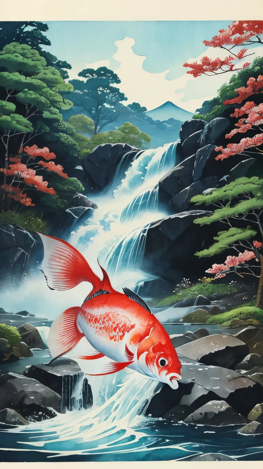 best quality, ukiyo-e style, watercolor art drawing, Japanese ink printing style, brightly colored carp climbing the waterfall, incredibly absurdres, extremely detailed, delicate, flashy and dynamic depiction