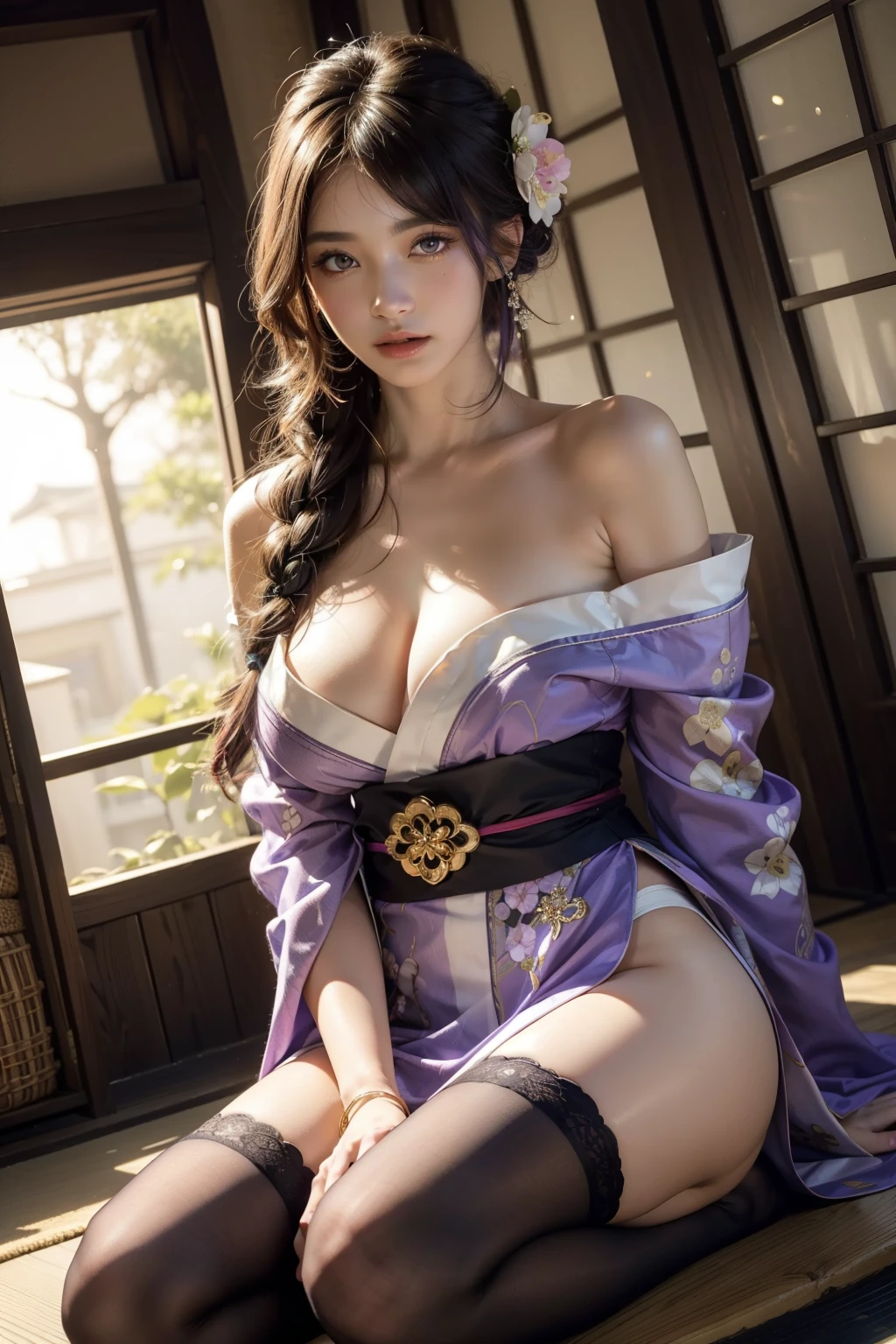 
1 beauty girl,Shiny skin, solo,thighhighs,purple hair,japanese clothes,purple eyes,hair ornament,kimono,sash,flower,obi,obiage,bangs,obijime,mole,large breasts,long hair,mole under eye,purple kimono,ribbon,tassel,purple flower,bridal gauntlets,musou isshin \(genshin impact\),realistic,braid,indoors,tomoe \(symbol\),hair flower,wide sleeves,black thighhighs,mitsudomoe \(shape\), armor,dutch angle, best quality,masterpiece,illustration,an extremely delicate and beautiful,CG,unity,8k wallpaper,Amazing,finely detail, etc. 