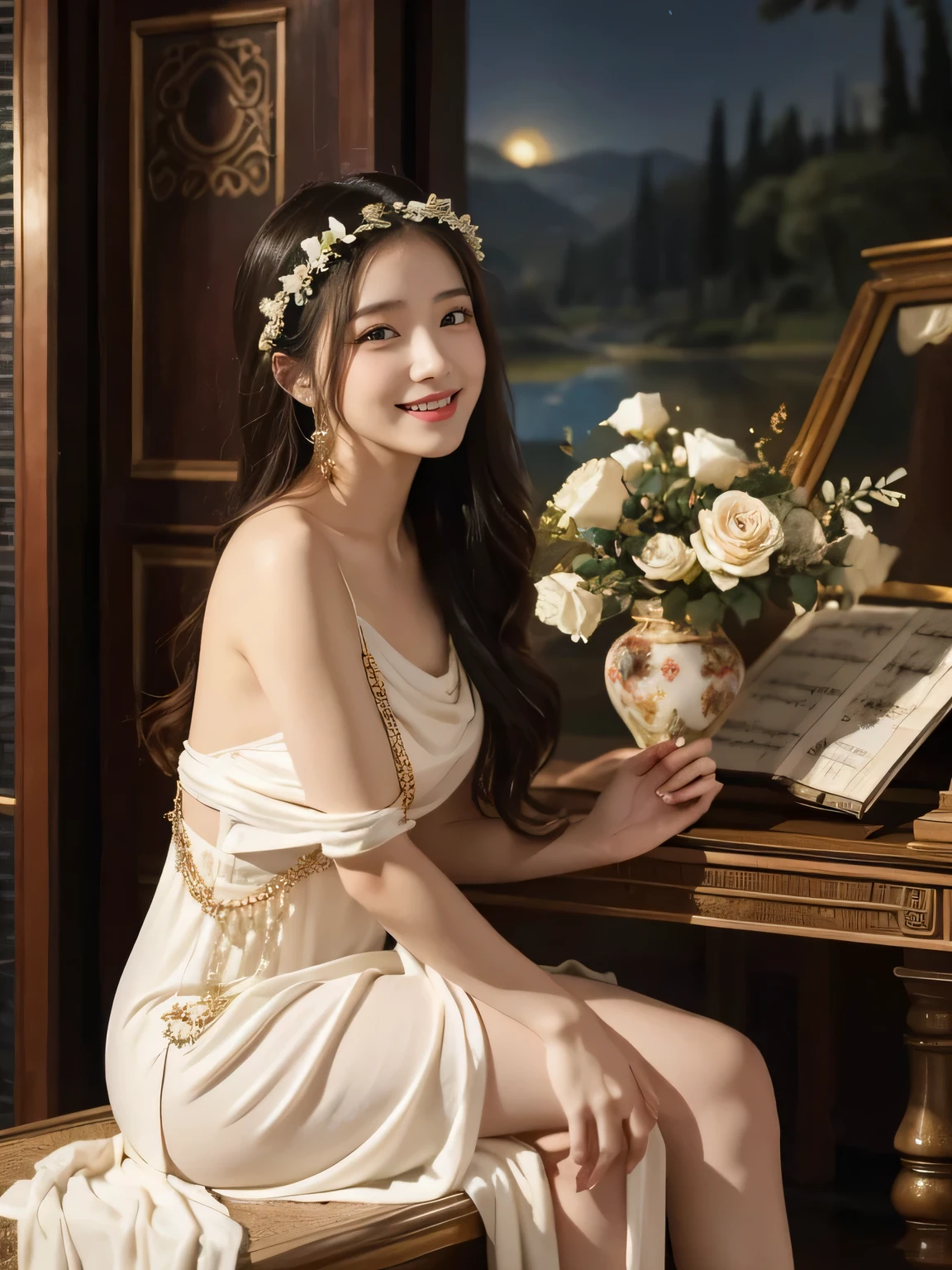 Giorgione painting style,Arguments of two female P、roses in vase、fruits、Cute trinkets、smile、ancient greek costume、Background is a forest lake at night 、Clothes that stretch your shoulders、A big smile、beautiful bare skin,Woman singing with sheet music
