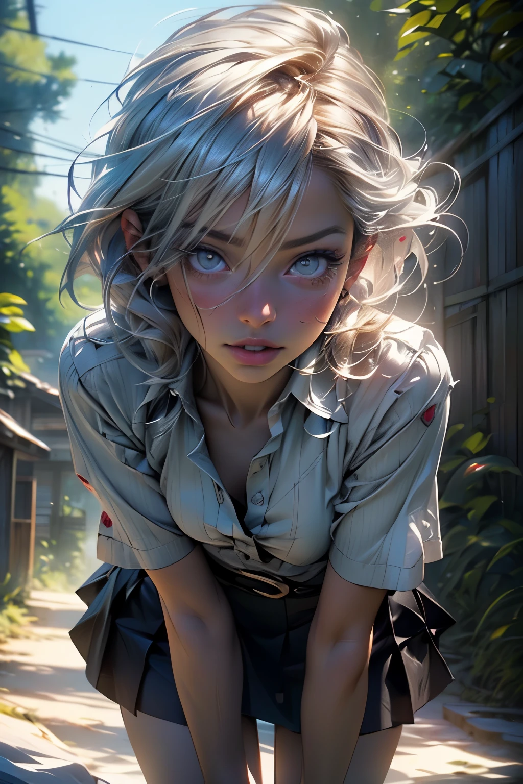 melancholy lighting, quiet, calm, brightness, masterpiece, best quality, 1girl, (JinxLol:1.2), (ultra photorealistic:1.3), (masterpiece:1.4), best quality, ((realistic)), wearing short skirt, high quality, ultra detailed, ((Real image)), ((realistic skin)), light blouse, ((realistic face)),Fertile Spring morn dawns, She and nature intertwined, Celebrating life, (((cowboy shot)))
