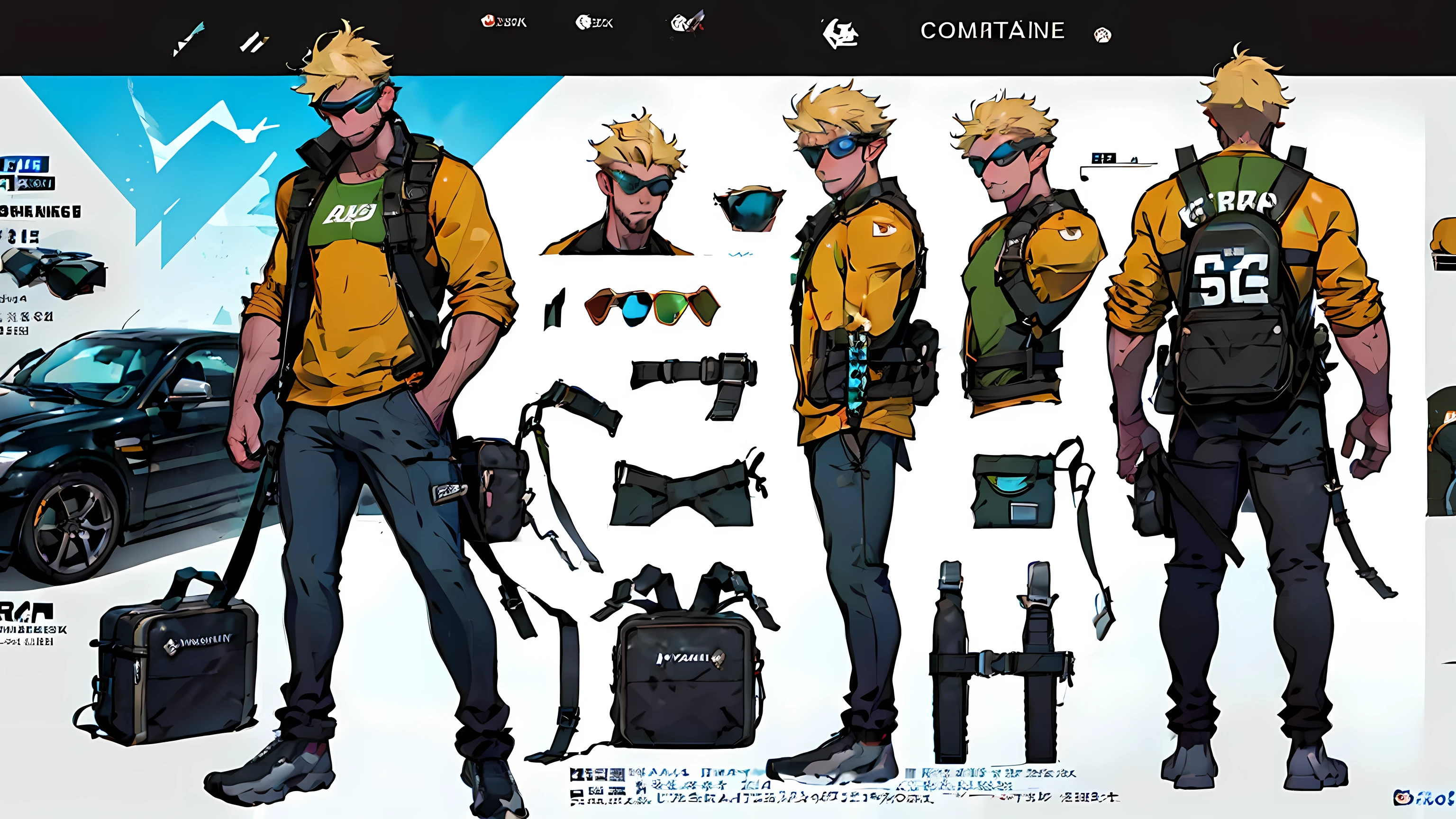 Design a layout showcase, (1 Muscular man), short blonde hair, tanned body, sunglasses, smiling, tight pants, fancy shoes, (shirtless), facing the viewer, full body, VPL, (dynamic composition: 1.4), (luminous lighting, atmospheric lighting), Masterpiece, Best quality, official art, Extremely detailed, Cg, 8K wallpaper, character design，