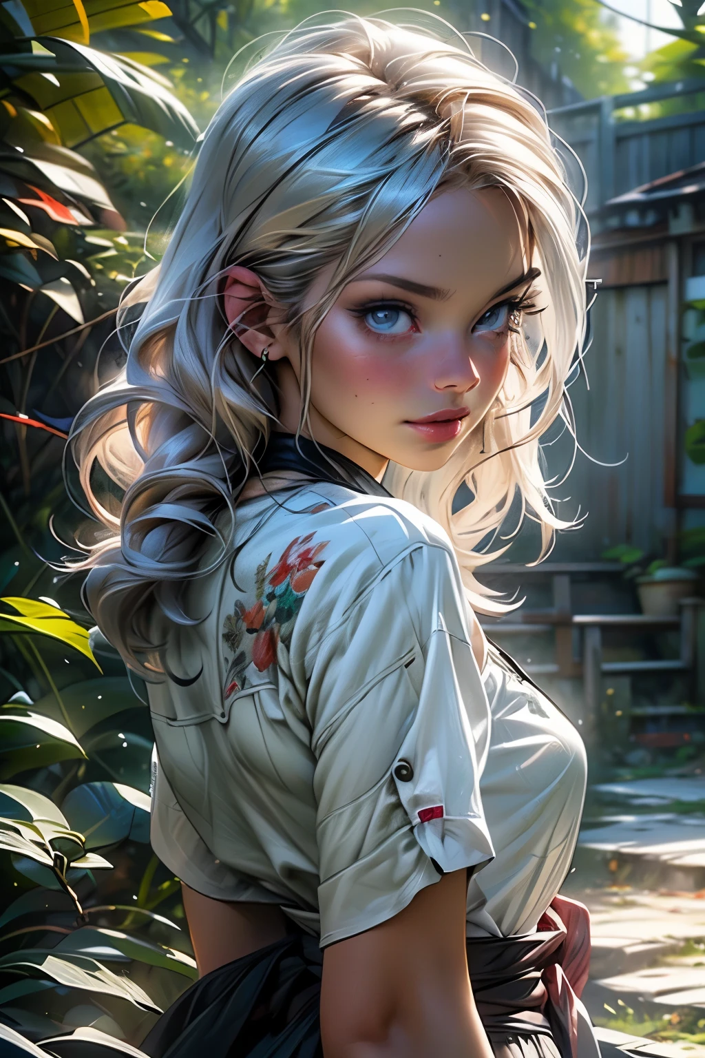 melancholy lighting, quiet, calm, brightness, masterpiece, best quality, 1girl, (JinxLol:1.2), (ultra photorealistic:1.3), (masterpiece:1.4), best quality, ((realistic)), wearing green tunic, high quality, ultra detailed, ((Real image)), ((realistic skin)), light blouse, ((realistic face)),Fertile Spring morn dawns, She and nature intertwined, Celebrating life, (((cowboy shot)))