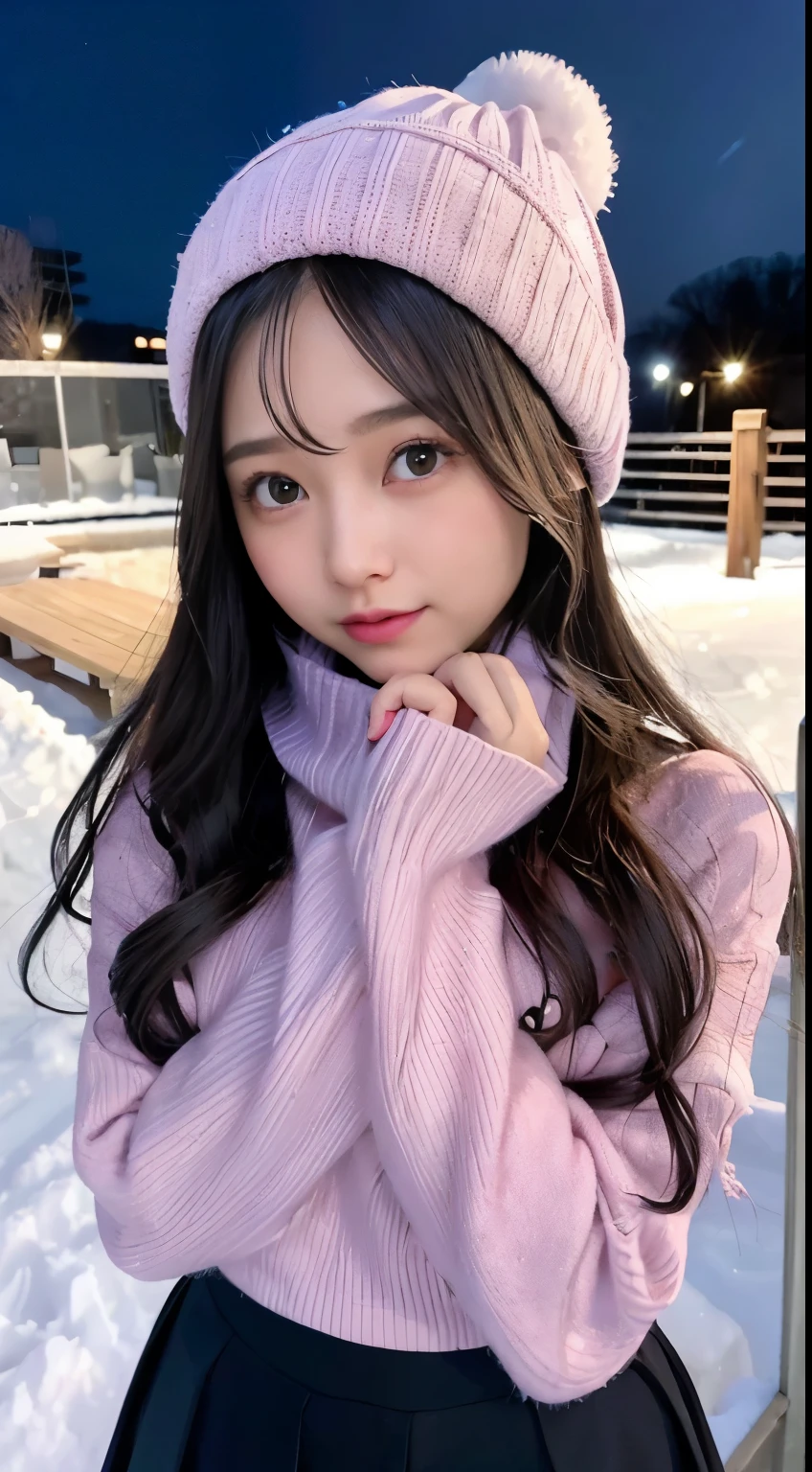 The beauty of winter spreads,outdoors,garden,Night sky ADDCOMM ADDCOL ADDCOL Blue moon ADDROW Snow ADDCOL It's snowing ADDCOL It's snowing ADDROW Pink primrose flower ADDCOL 1girl,long hair,black hair,flowing bangs:1.3,green eyes,mole under left eye:1.3,black eyes,medium breasts,pink heart hair accessories,Winter clothes,sweater,beanie hat,long sleeve,scarf,turtleneck,sleeves go over wrists,ribbed sweater
ADDCOL
ADDROW pink primula flowers
ADDCOL 1girl,pleated skirt ADDCOL
(masterpiece:1.2), (highest quality:1.2)
