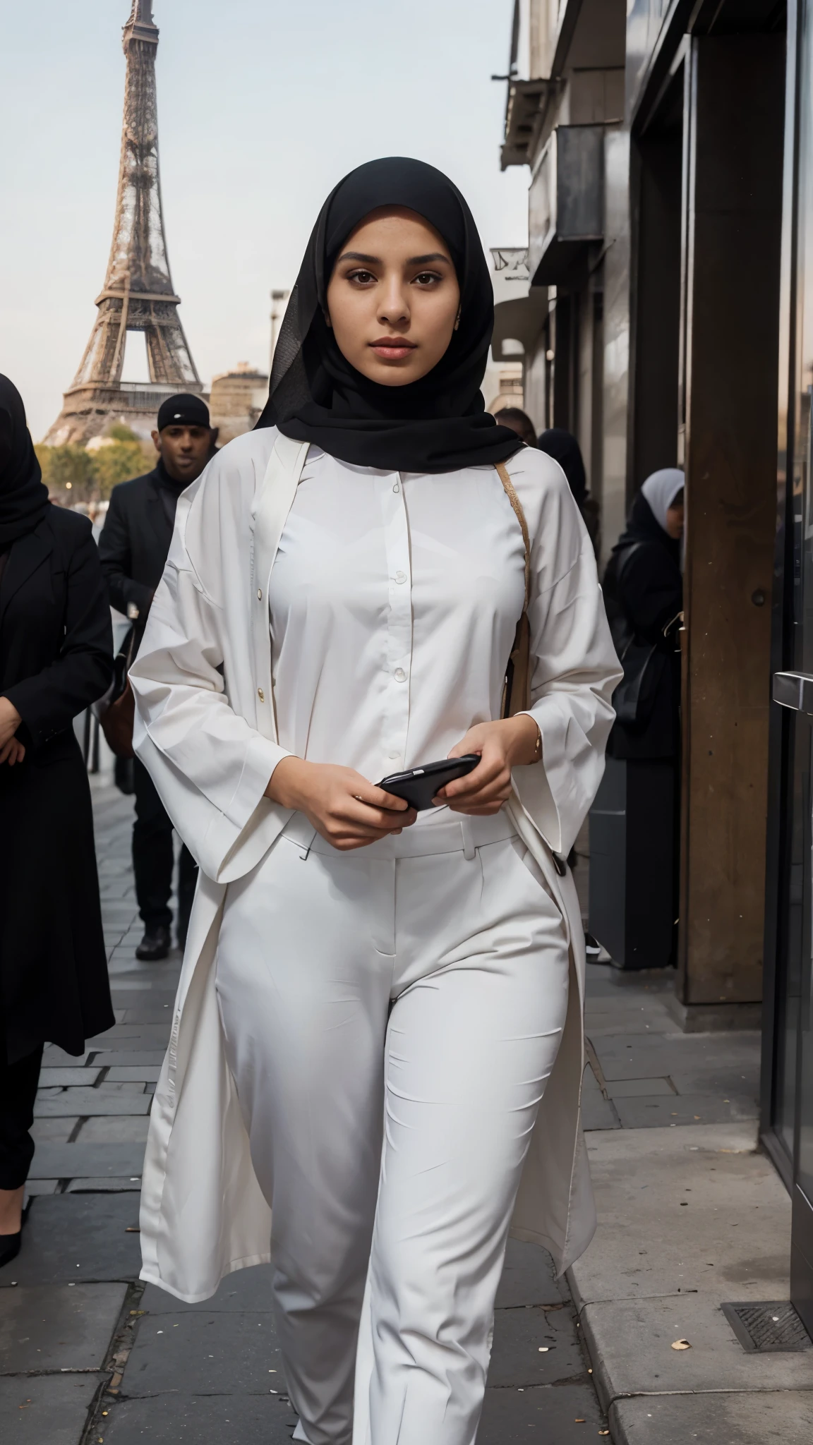 Beautiful slim Caucasian girl aged 27 years, an hijab a muslim , olive skin, sharp nose, thin lips, oval face, sharp girl, neat red burqa covering all her hair, wearing a white office shirt combined with a glamorous black suit and long black trousers, holding a smartphone, seen from the front , full body, Eiffel Tower background, background looks so clear, street photography, realistic photos, 85mm lens, ultra HD, cinematic, very detailed, sharp focus