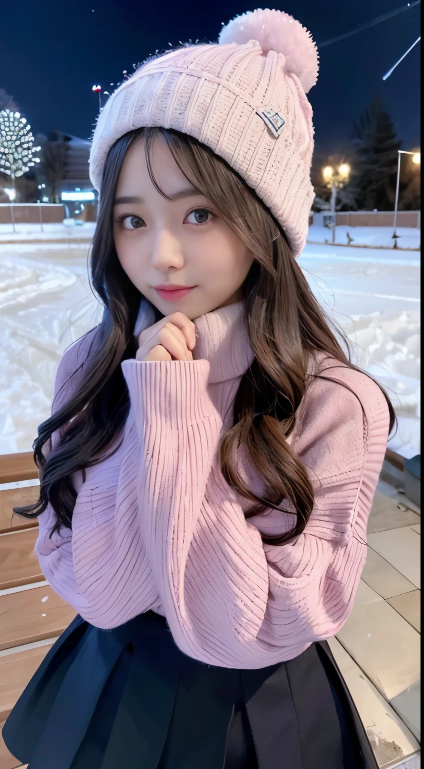 The beauty of winter spreads,outdoors,garden,Night sky ADDCOMM ADDCOL ADDCOL Blue moon ADDROW Snow ADDCOL It&#39;s snowing ADDCOL It&#39;s snowing ADDROW Pink primrose flower ADDCOL 1girl,long hair,black hair,flowing bangs:1.3,green eyes,mole under left eye:1.3,black eyes,medium breasts,pink heart hair accessories,Winter clothes,sweater,beanie hat,long sleeve,scarf,turtleneck,sleeves go over wrists,ribbed sweater
ADDCOL
ADDROW pink primula flowers
ADDCOL 1girl,pleated skirt ADDCOL
 (masterpiece:1.2), (highest quality:1.2)